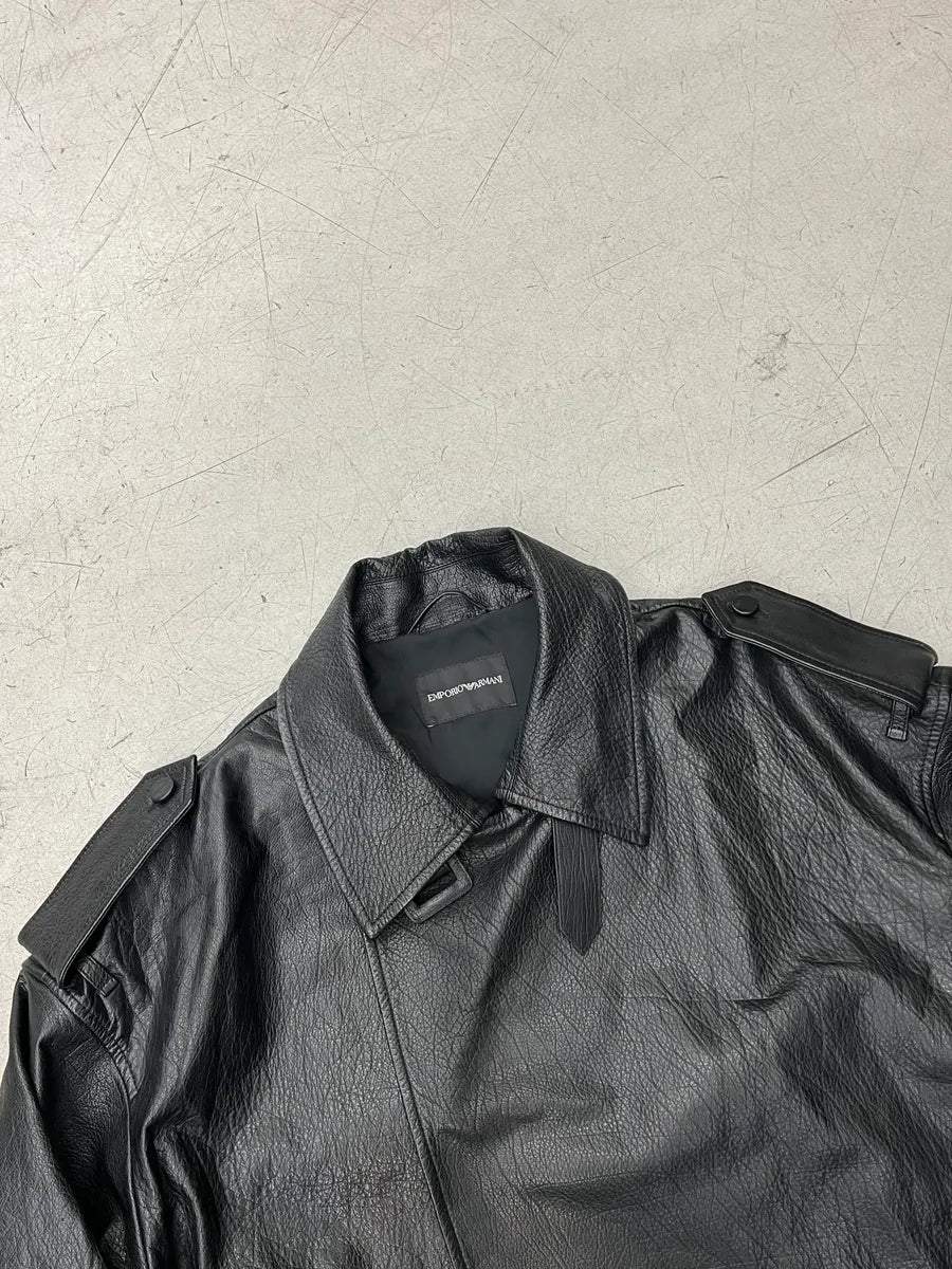 AW2022 Emporio Armani Black Leather Double-Breasted Trench Coat DwOZxBUk 7
