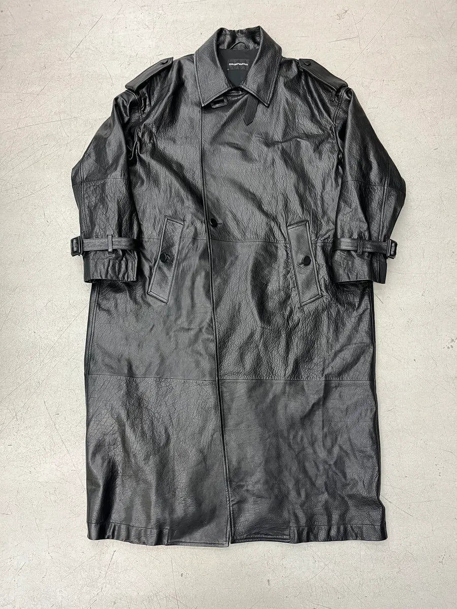 AW2022 Emporio Armani Black Leather Double-Breasted Trench Coat DwOZxBUk 3