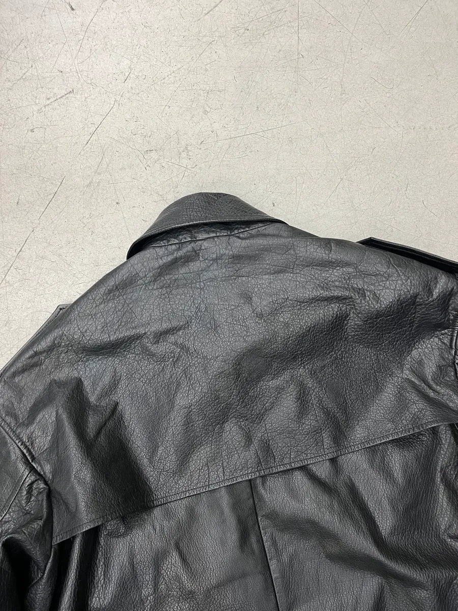 AW2022 Emporio Armani Black Leather Double-Breasted Trench Coat DwOZxBUk 6