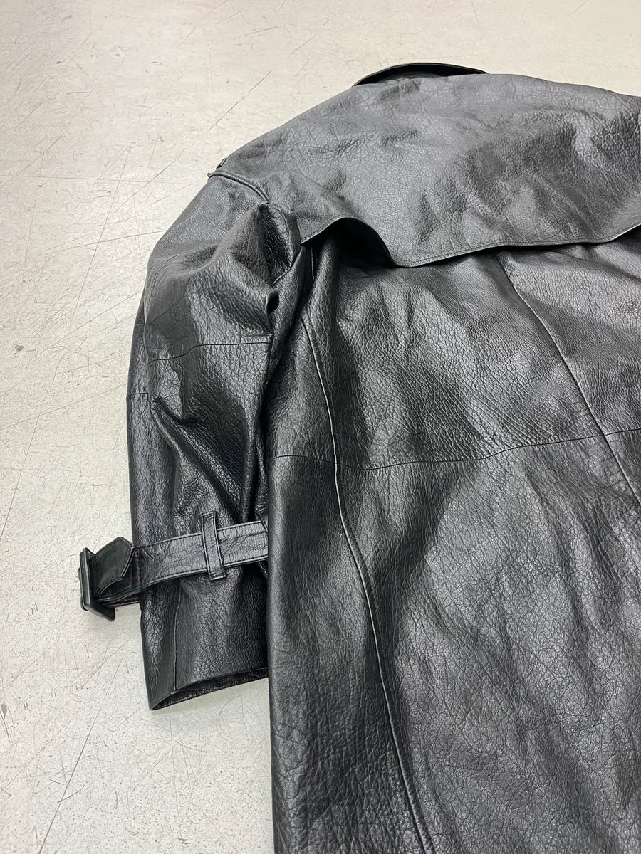 AW2022 Emporio Armani Black Leather Double-Breasted Trench Coat DwOZxBUk 8