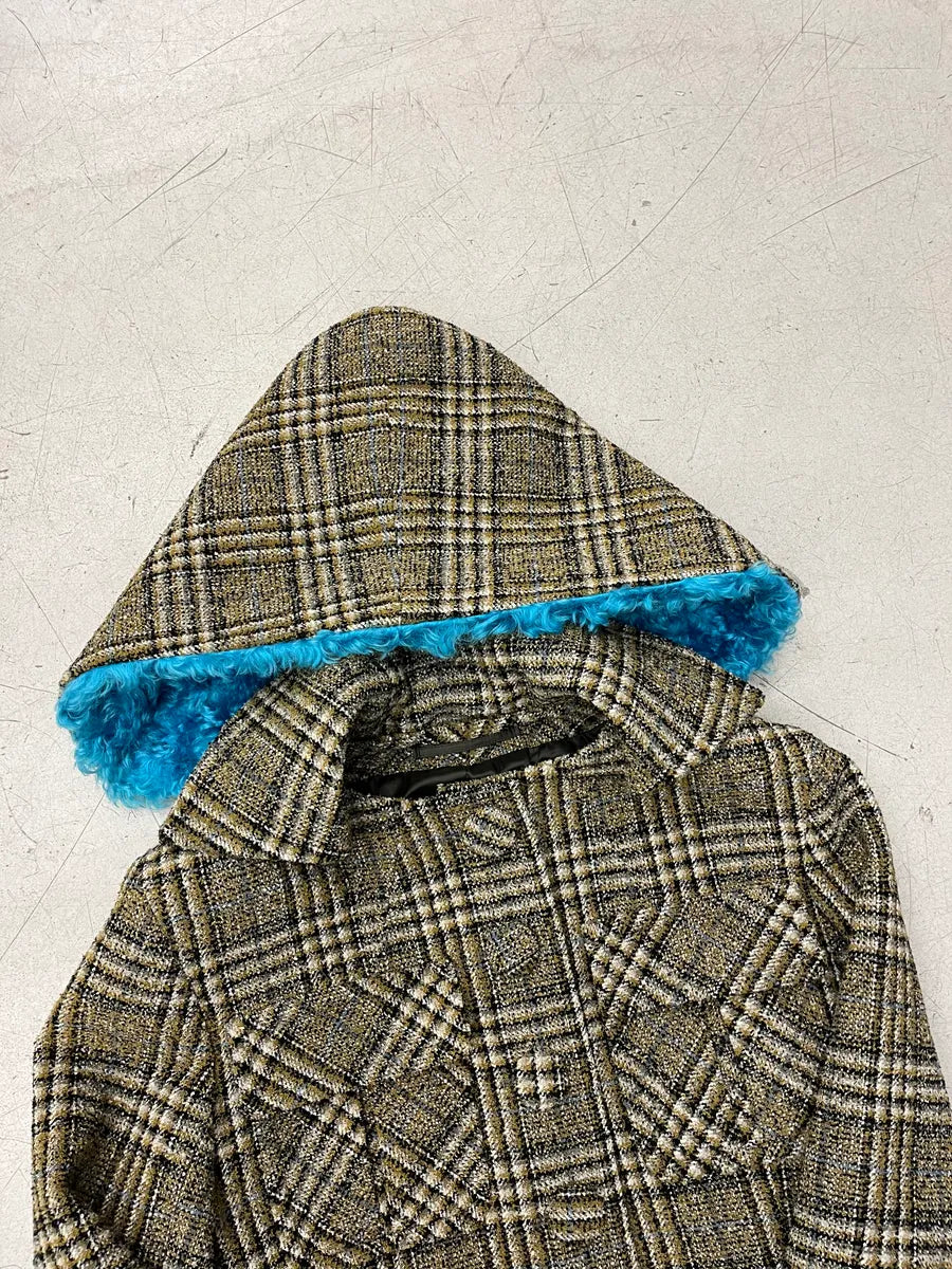 AW2016 Prada Olive Wool Tartan Plaid Hooded Long Coat DvhlENFq 8