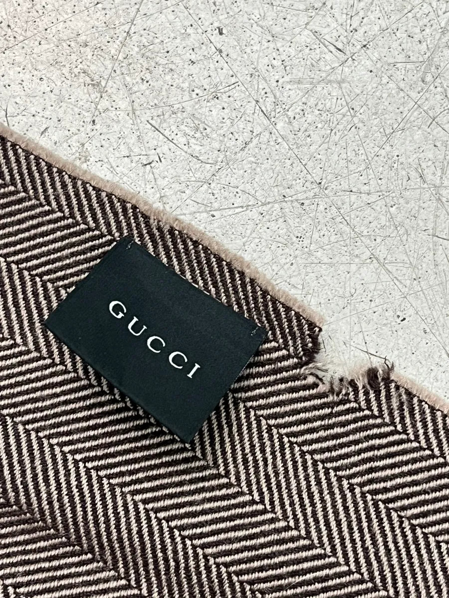 Gucci Taupe Wool Herringbone Logo Scarf XqjJfdU 7
