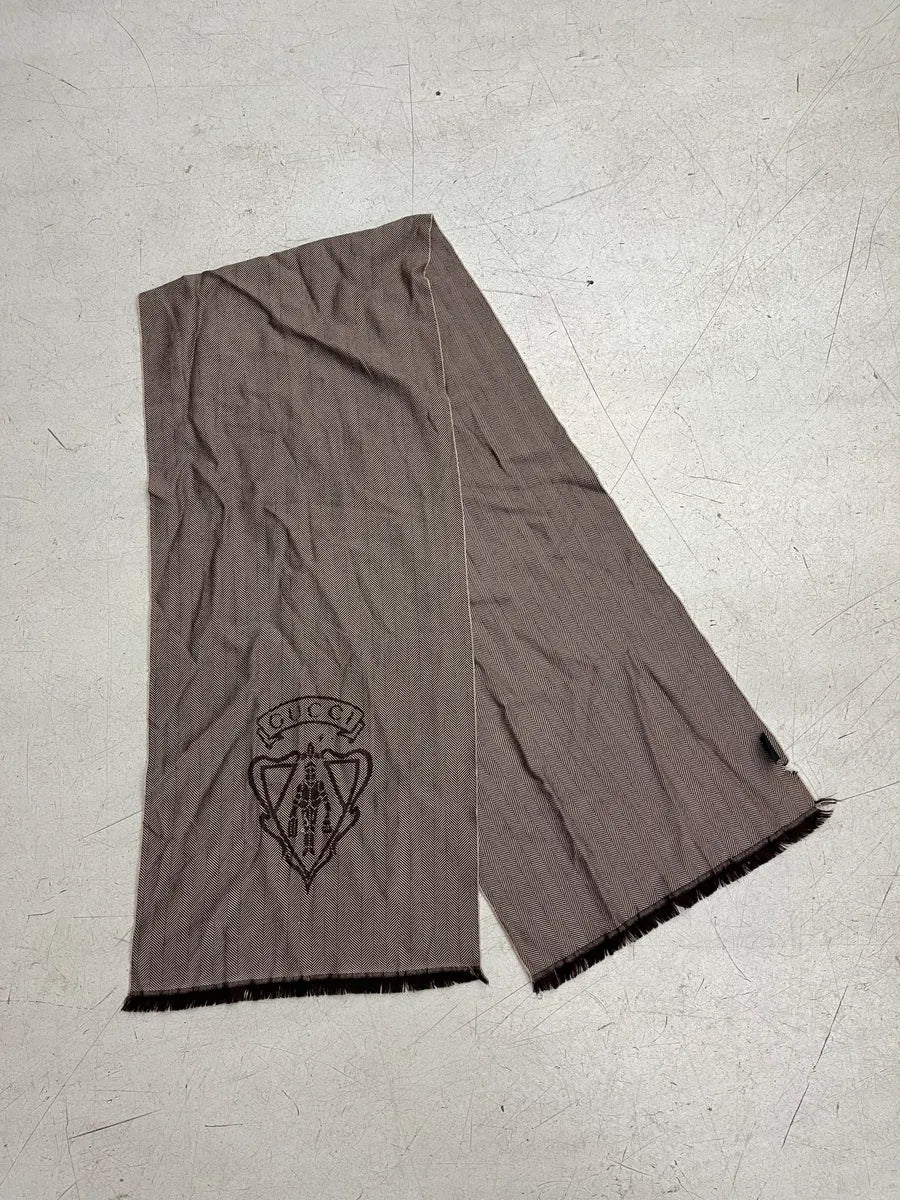 Gucci Taupe Wool Herringbone Logo Scarf XqjJfdU 3