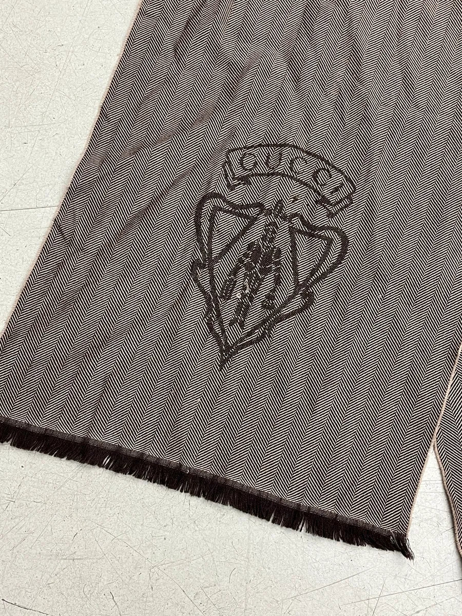 Gucci Taupe Wool Herringbone Logo Scarf XqjJfdU 5