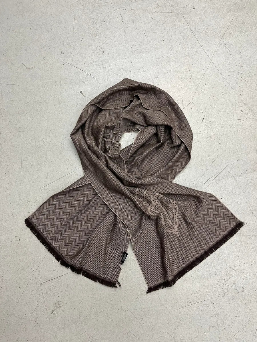Gucci Taupe Wool Herringbone Logo Scarf XqjJfdU 0