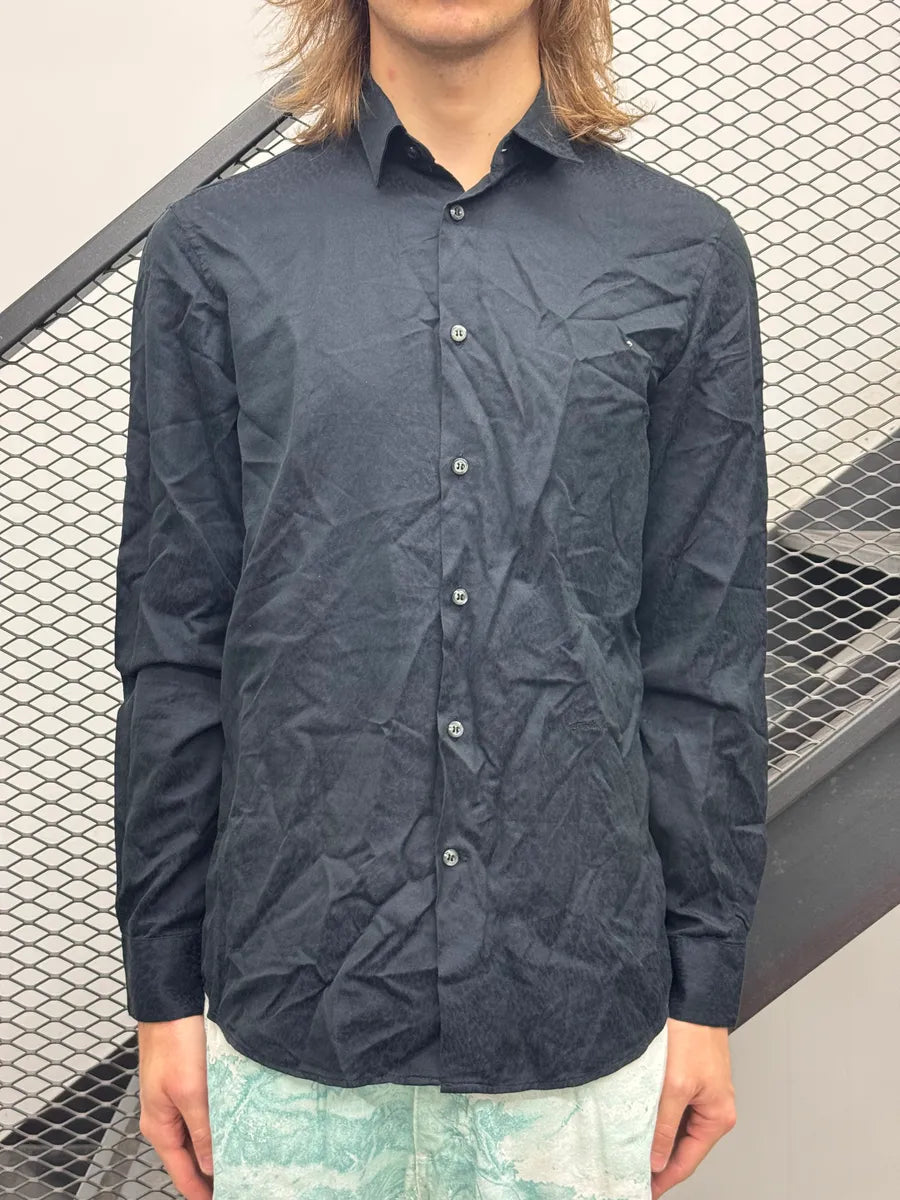 SS2016 Cavalli Dark Navy Tonal Leopard Jacquard Logo Embroidered Shirt fgojDGrQ 1