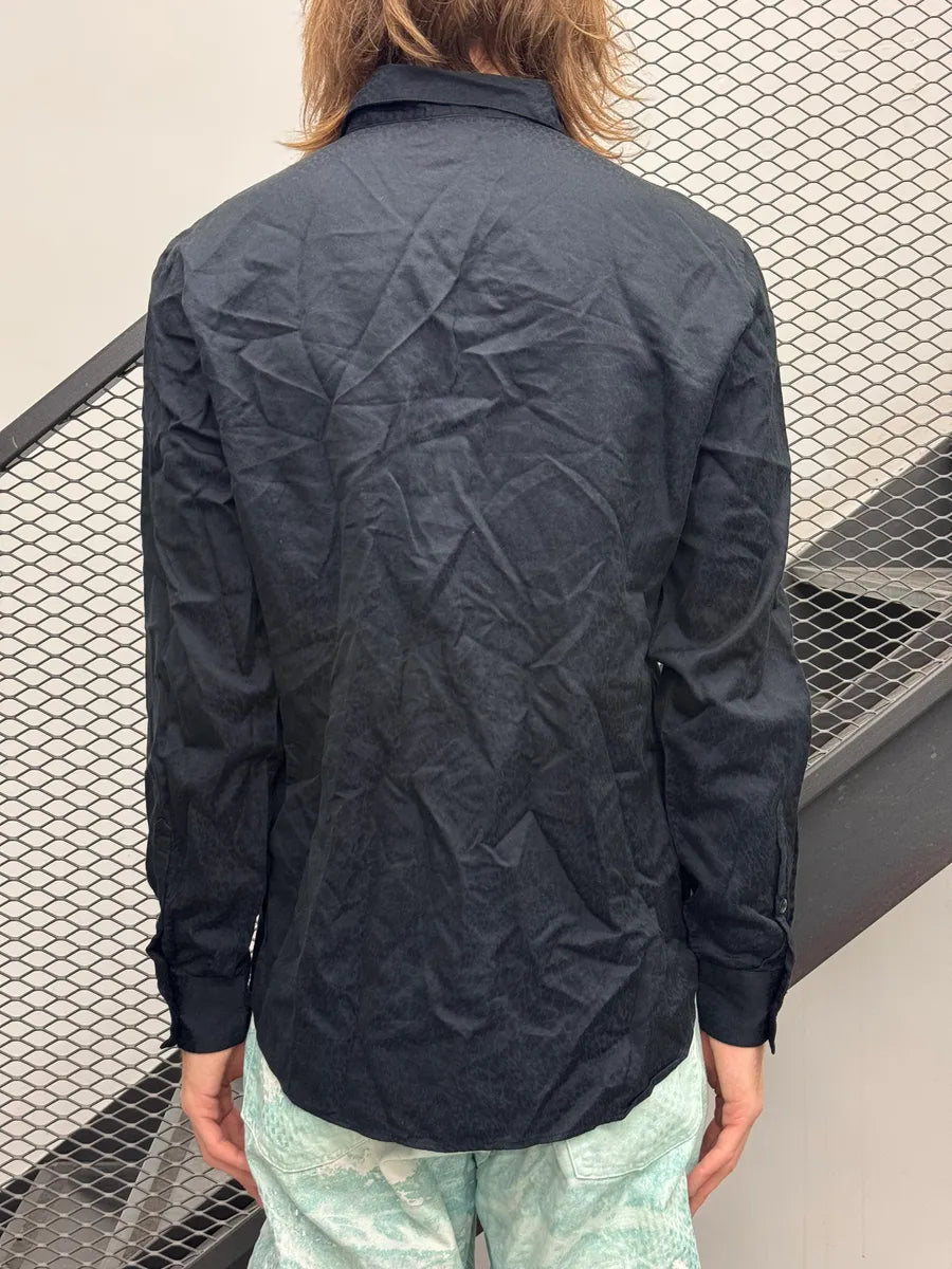 SS2016 Cavalli Dark Navy Tonal Leopard Jacquard Logo Embroidered Shirt fgojDGrQ 2