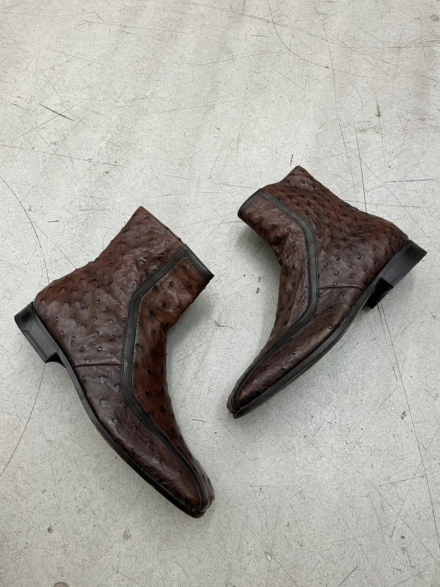 2000s Prada Dark Brown Ostrich Leather Square Toe Boots jrLedGOq 1