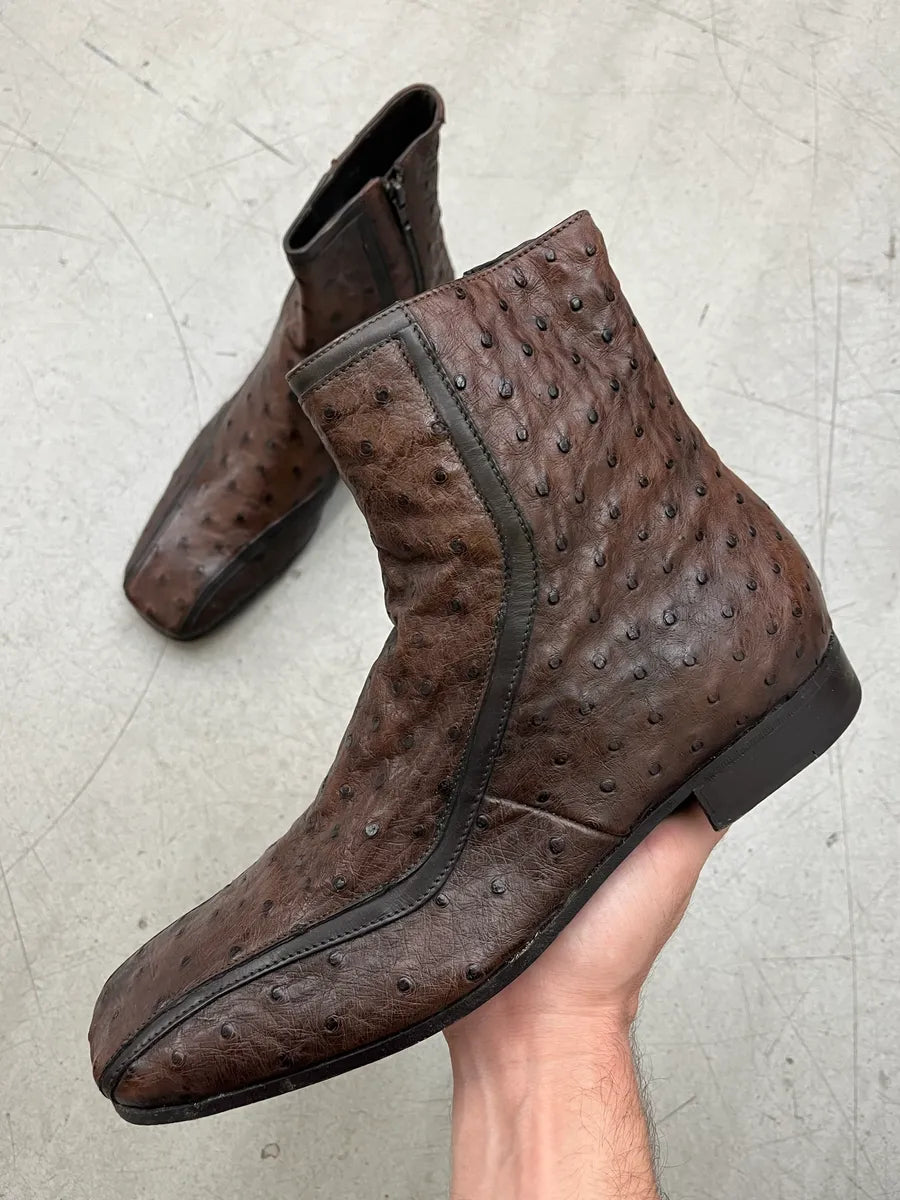 2000s Prada Dark Brown Ostrich Leather Square Toe Boots jrLedGOq 0