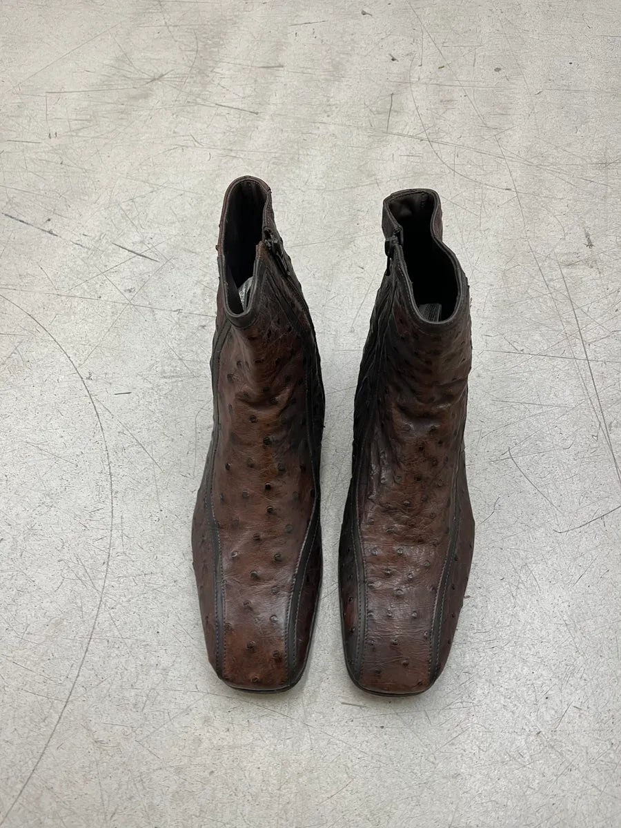 2000s Prada Dark Brown Ostrich Leather Square Toe Boots jrLedGOq 4