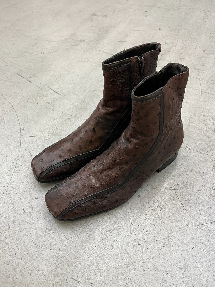 2000s Prada Dark Brown Ostrich Leather Square Toe Boots jrLedGOq 2