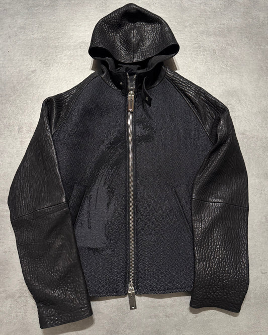 FW2015 Emporio Armani Aura Grain Leather Hooded Black Jacket (L)