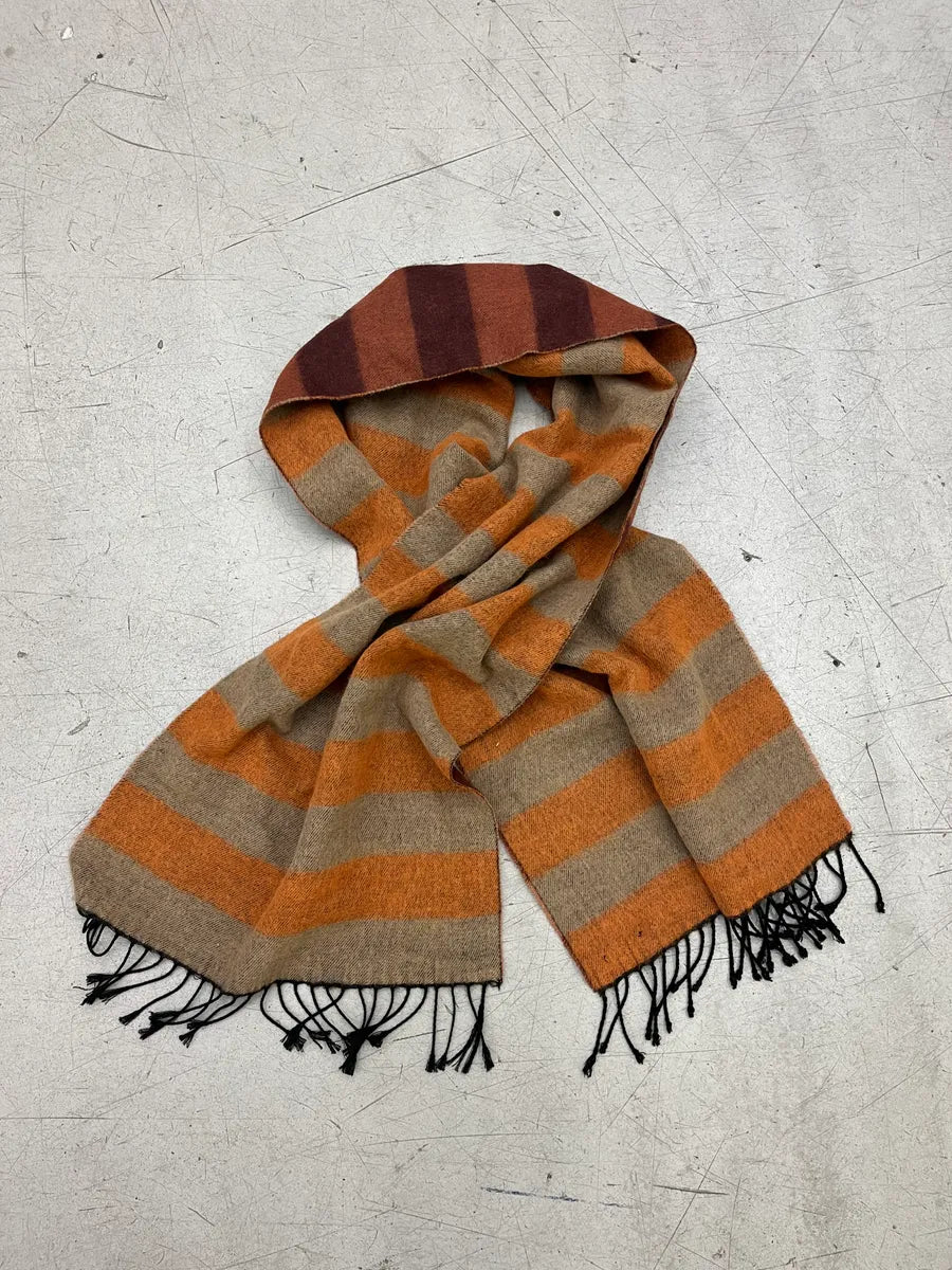 2000s Dries Van Noten Brown Orange Teint Striped Reversible Wool Scarf wBhDuNBX 3