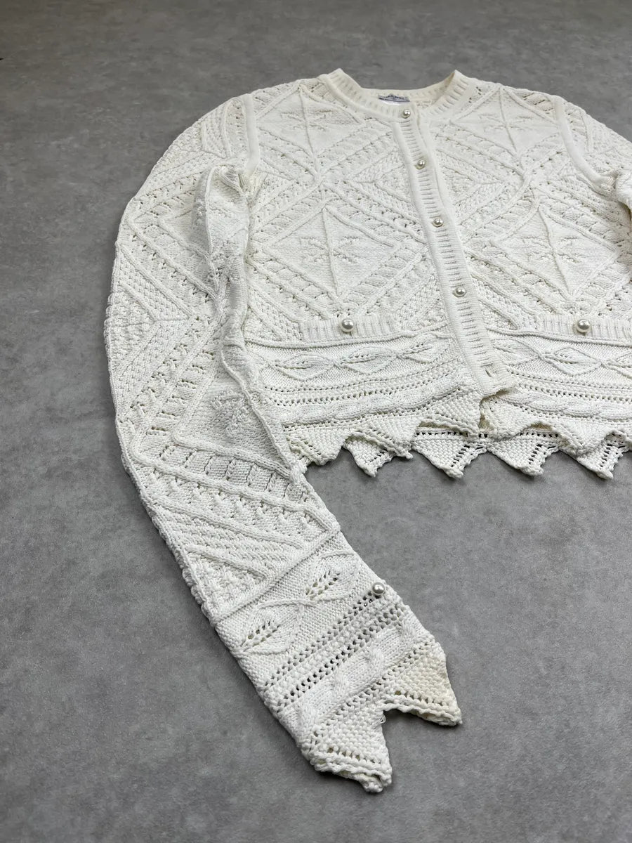 SS2004 Chanel Ivory Wool Knit Openwork Pearls Cardigan Jacket JlqoFcRz 6