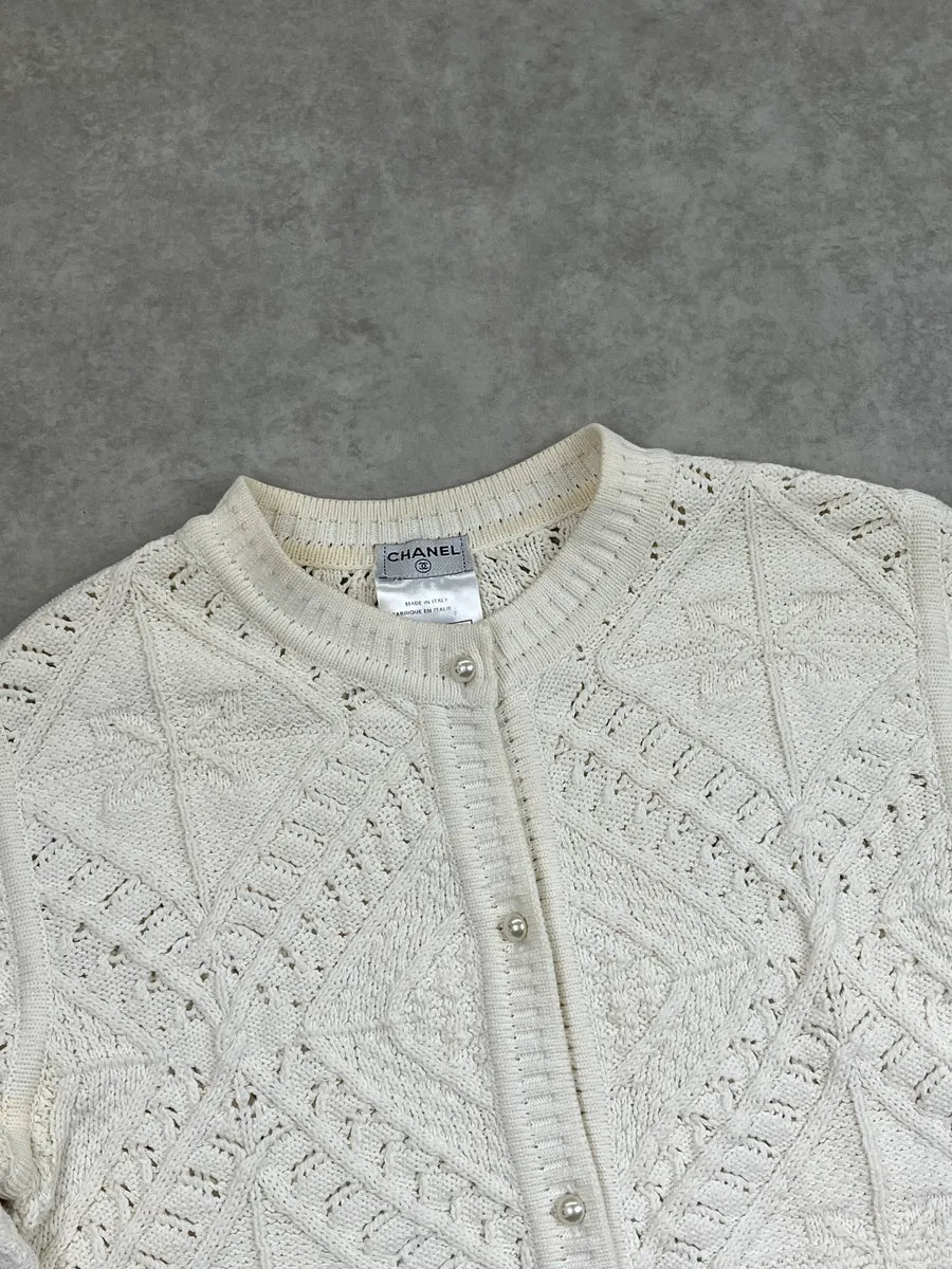 SS2004 Chanel Ivory Wool Knit Openwork Pearls Cardigan Jacket JlqoFcRz 11
