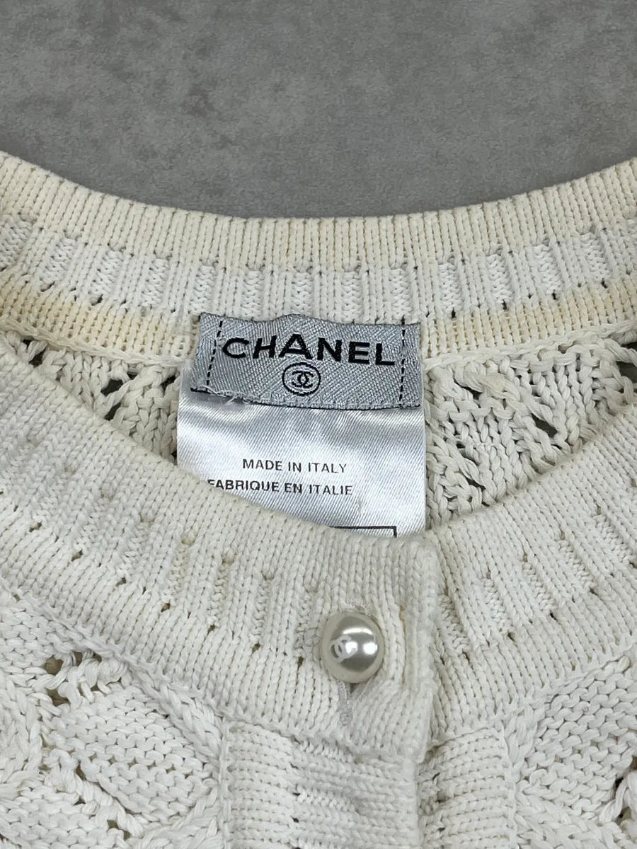 SS2004 Chanel Ivory Wool Knit Openwork Pearls Cardigan Jacket JlqoFcRz 10