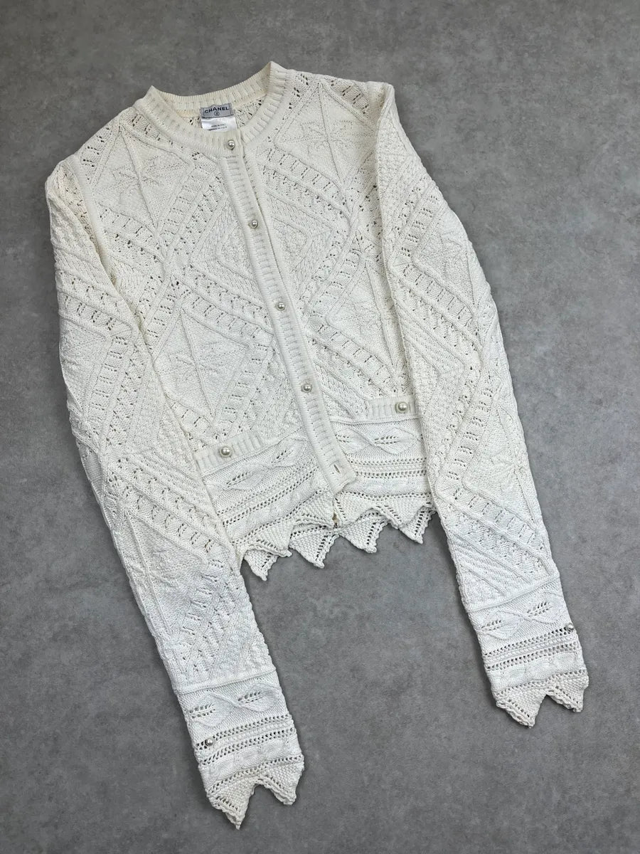 SS2004 Chanel Ivory Wool Knit Openwork Pearls Cardigan Jacket JlqoFcRz 4