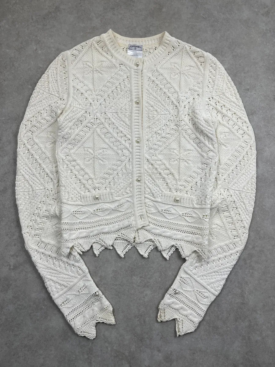 SS2004 Chanel Ivory Wool Knit Openwork Pearls Cardigan Jacket JlqoFcRz 0