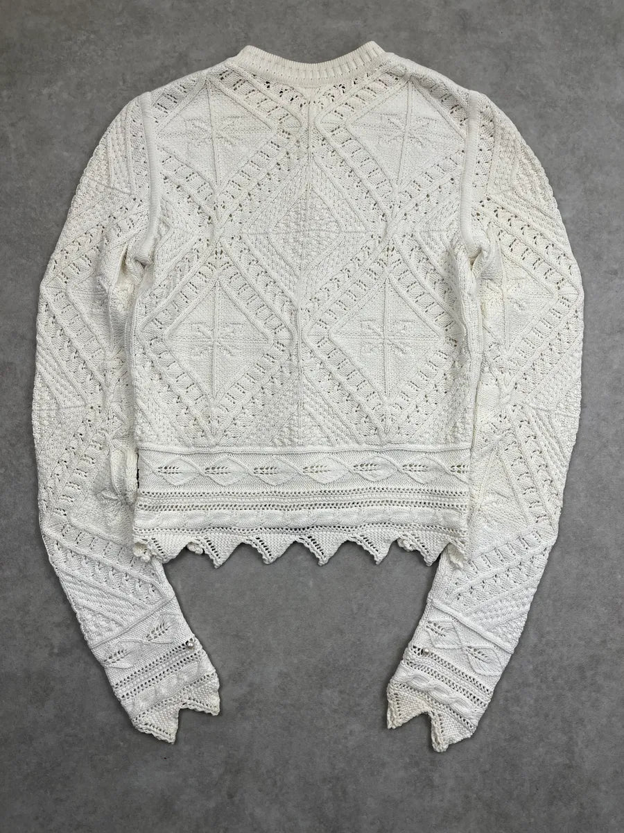 SS2004 Chanel Ivory Wool Knit Openwork Pearls Cardigan Jacket JlqoFcRz 3
