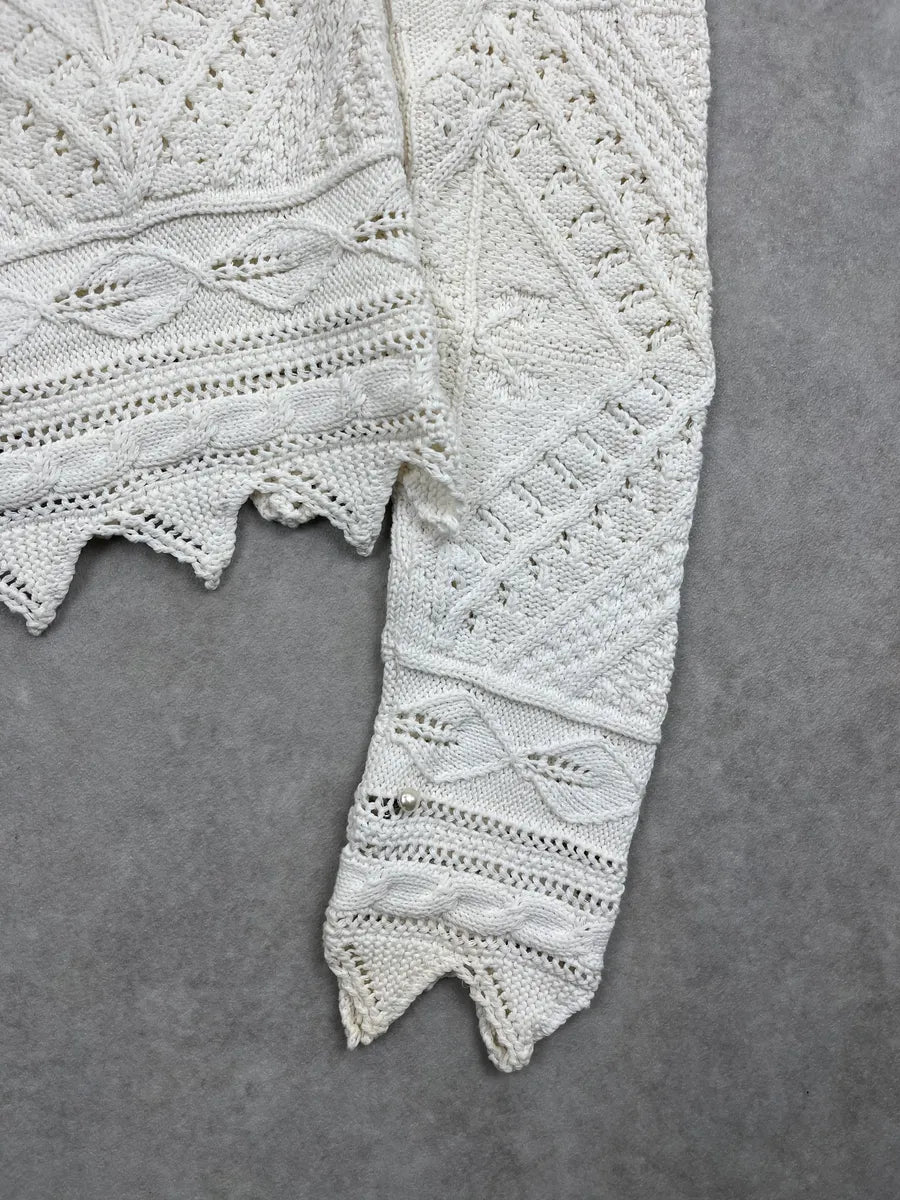 SS2004 Chanel Ivory Wool Knit Openwork Pearls Cardigan Jacket JlqoFcRz 9