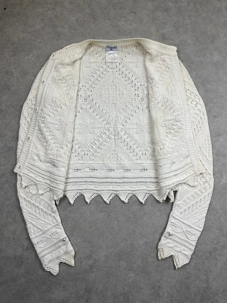 SS2004 Chanel Ivory Wool Knit Openwork Pearls Cardigan Jacket JlqoFcRz 5
