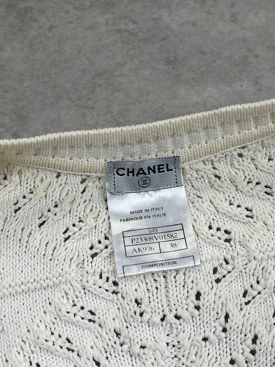 SS2004 Chanel Ivory Wool Knit Openwork Pearls Cardigan Jacket JlqoFcRz 12