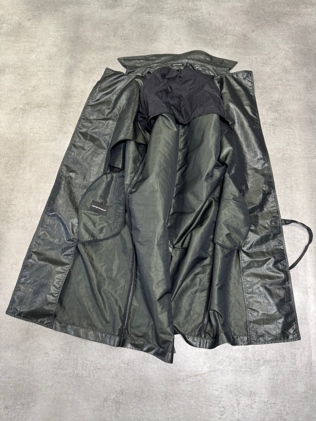 2000s Emporio Armani Shiny Olive Crocodile Effect Light Trench Coat (M)