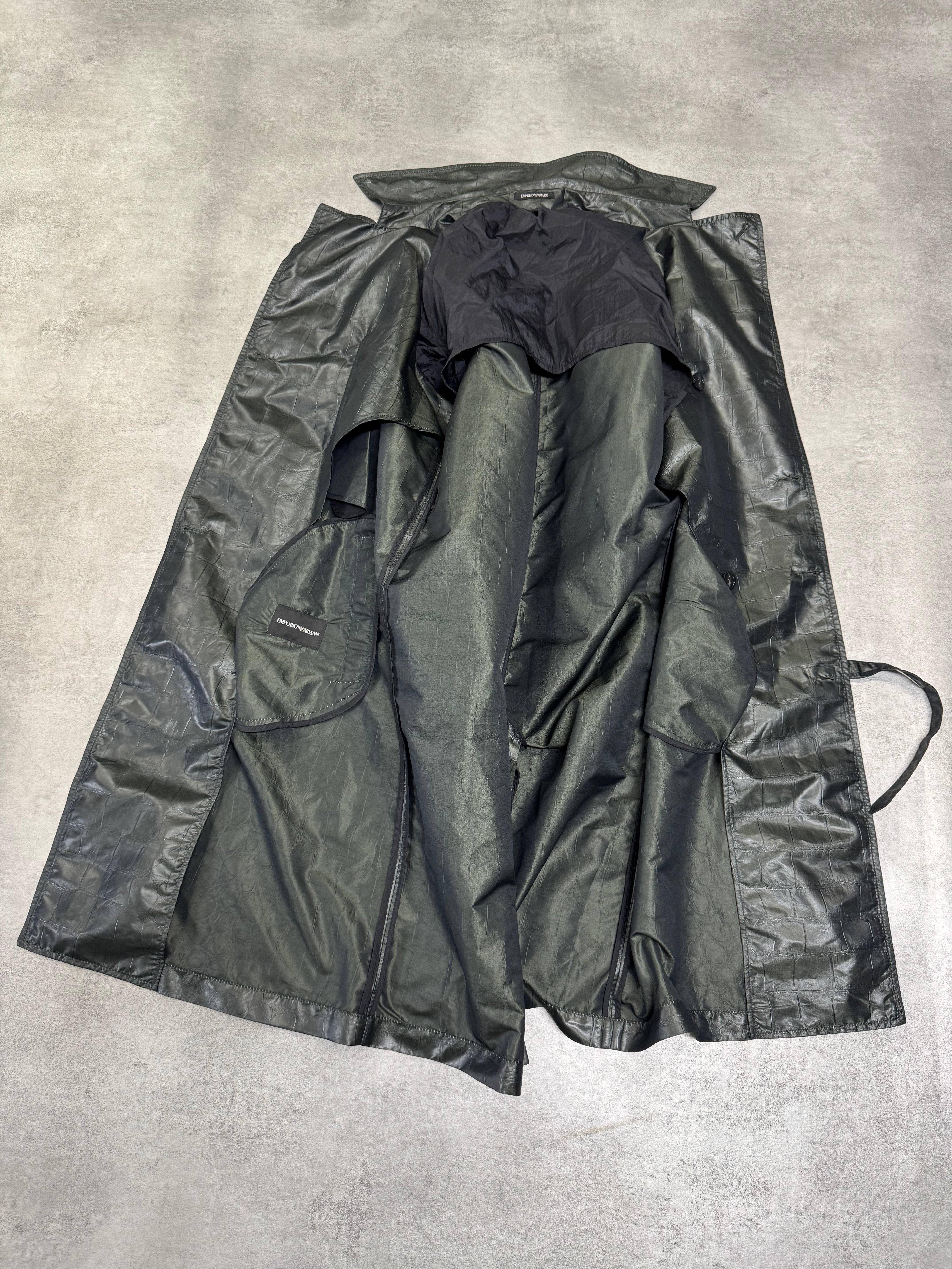 2000s Emporio Armani Shiny Olive Crocodile Effect Light Trench Coat (M)