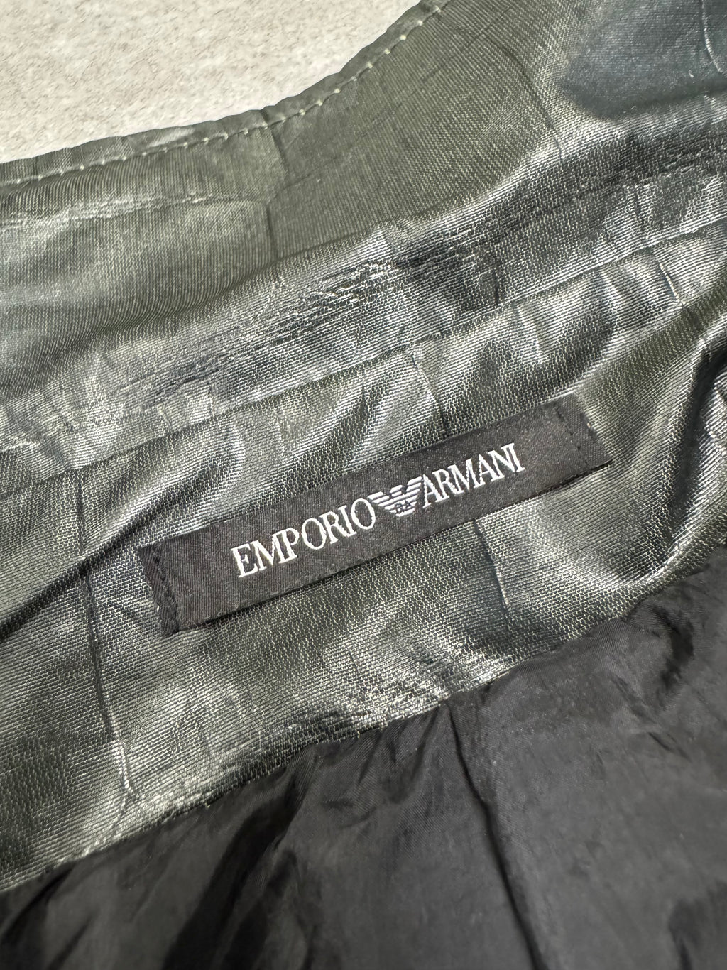 2000s Emporio Armani Shiny Olive Crocodile Effect Light Trench Coat (M)