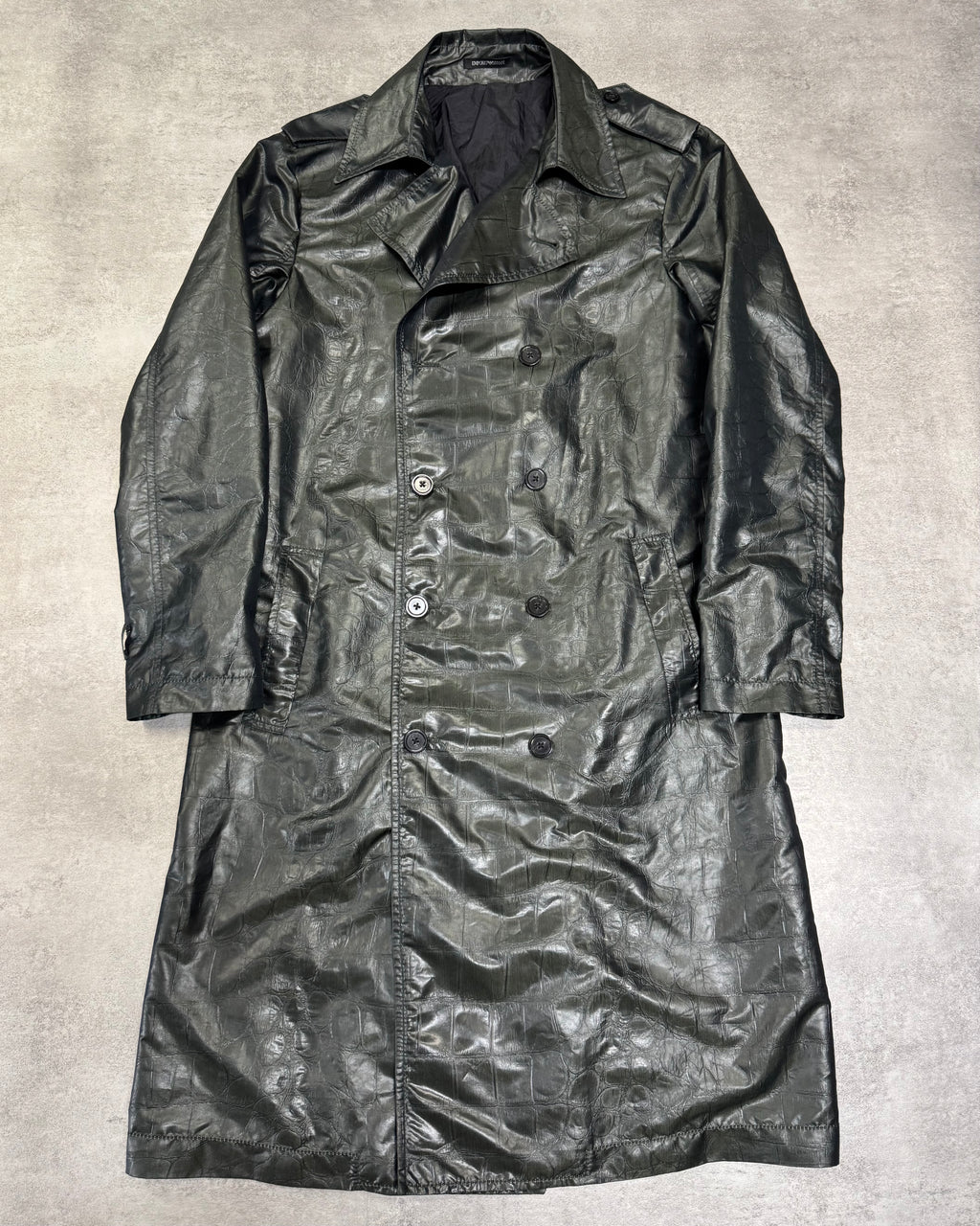 2000s Emporio Armani Shiny Olive Crocodile Effect Light Trench Coat (M)