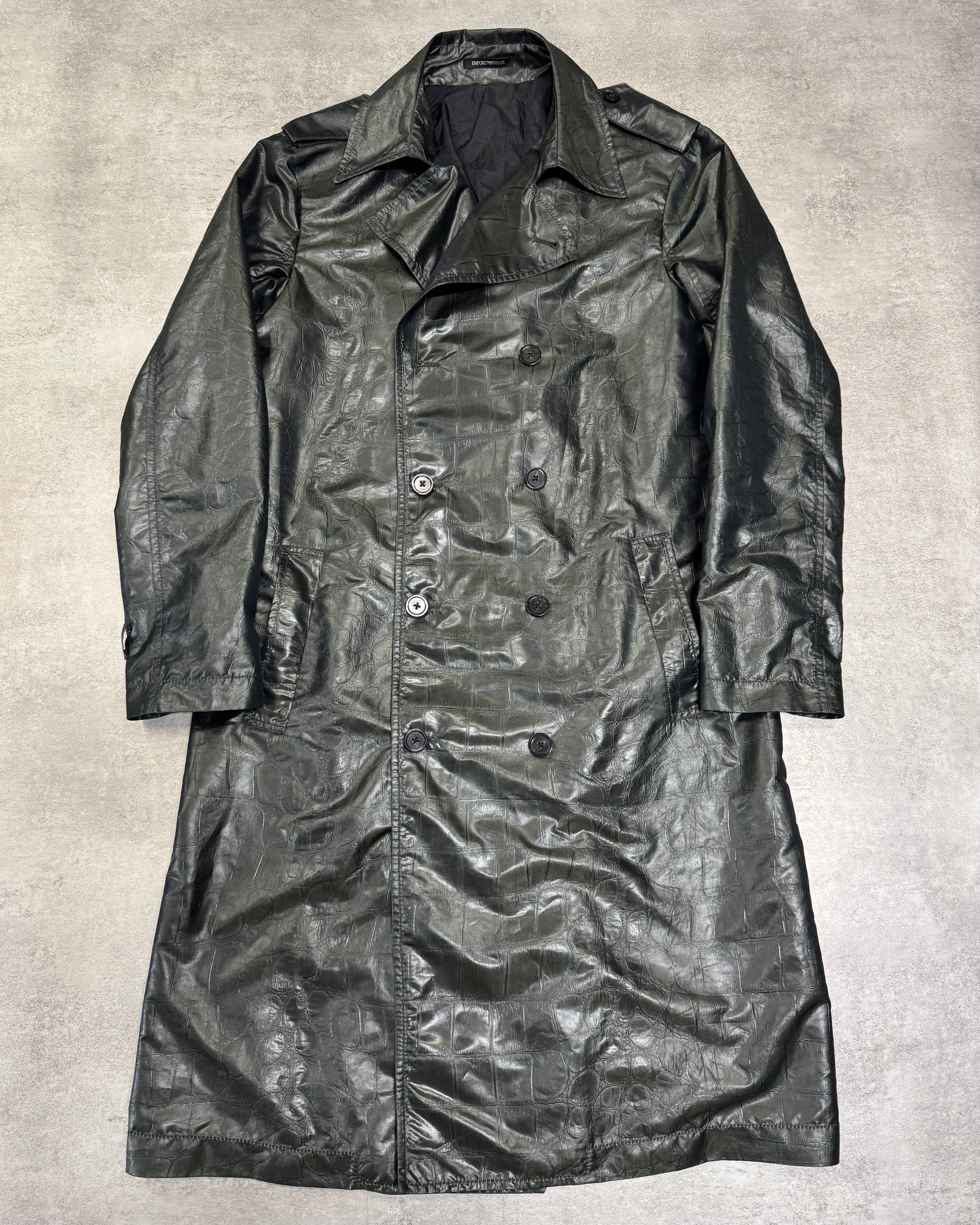 2000s Emporio Armani Shiny Olive Crocodile Effect Light Trench Coat (M)