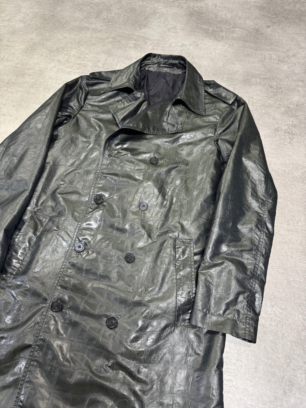 2000s Emporio Armani Shiny Olive Crocodile Effect Light Trench Coat (M)