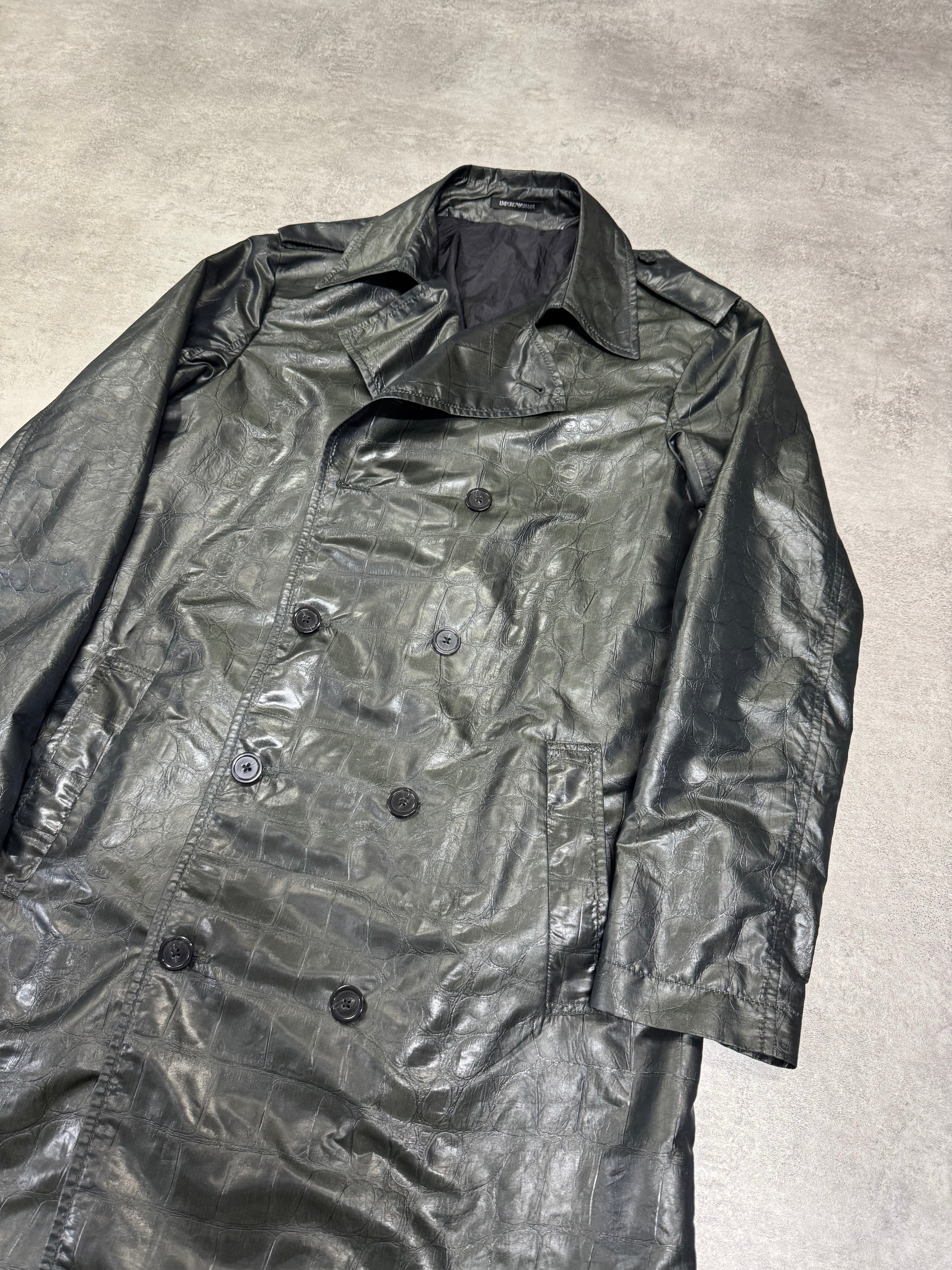 2000s Emporio Armani Shiny Olive Crocodile Effect Light Trench Coat (M)
