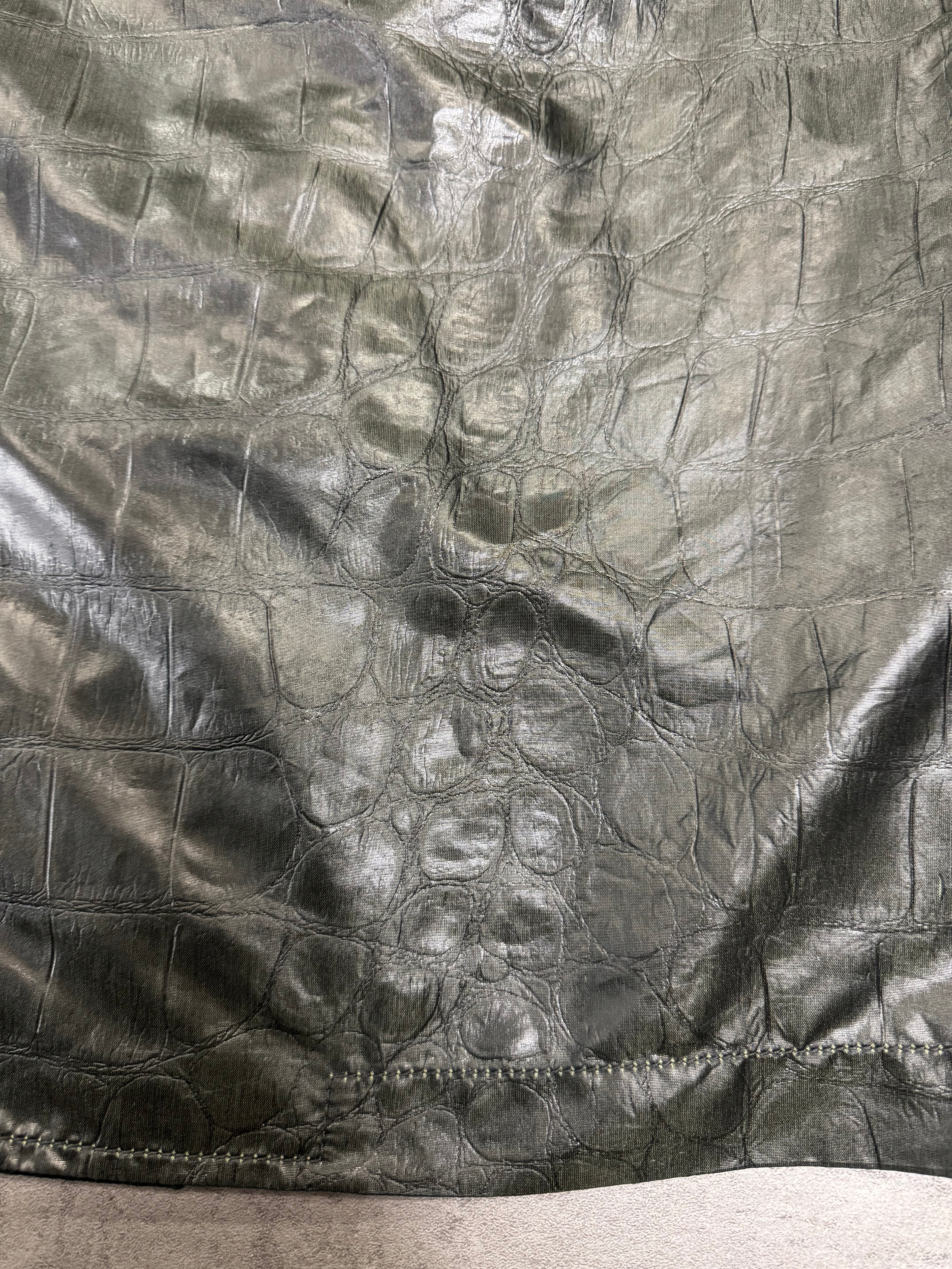 2000s Emporio Armani Shiny Olive Crocodile Effect Light Trench Coat (M)