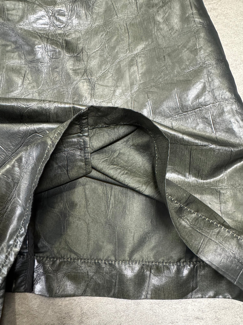 2000s Emporio Armani Shiny Olive Crocodile Effect Light Trench Coat (M)