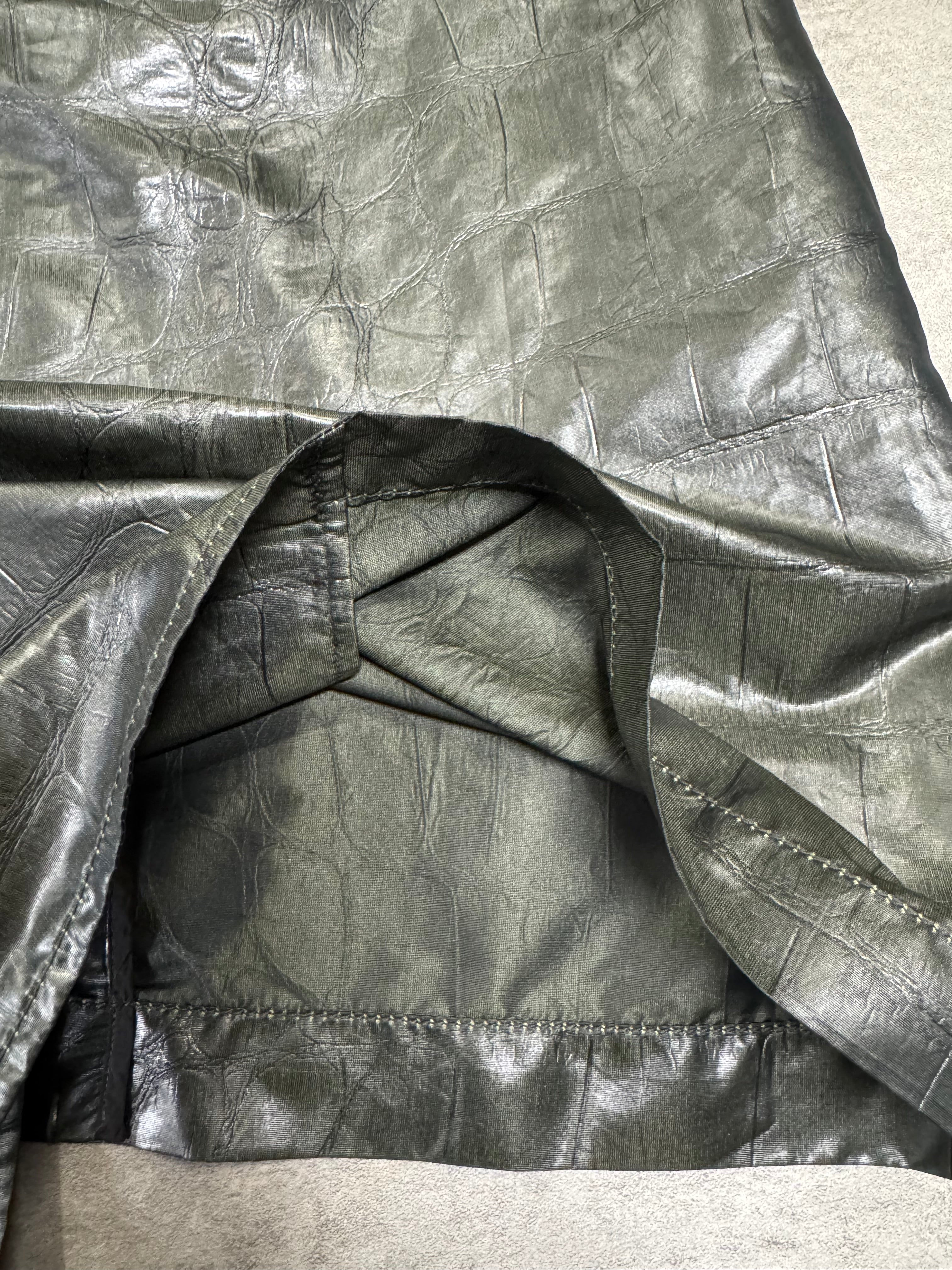 2000s Emporio Armani Shiny Olive Crocodile Effect Light Trench Coat (M)