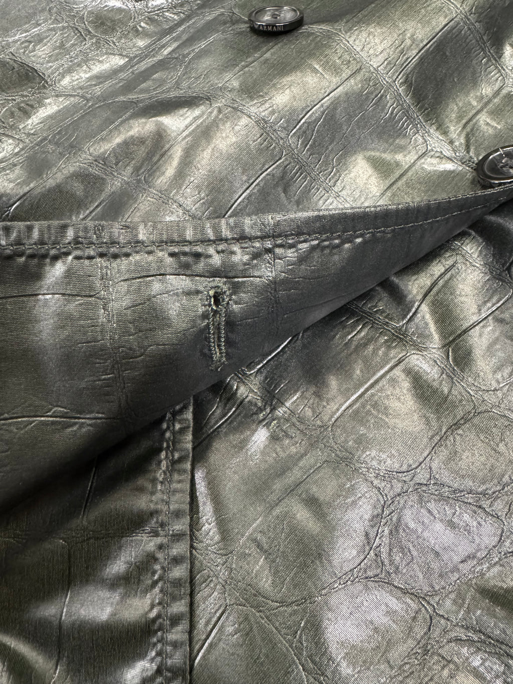 2000s Emporio Armani Shiny Olive Crocodile Effect Light Trench Coat (M)