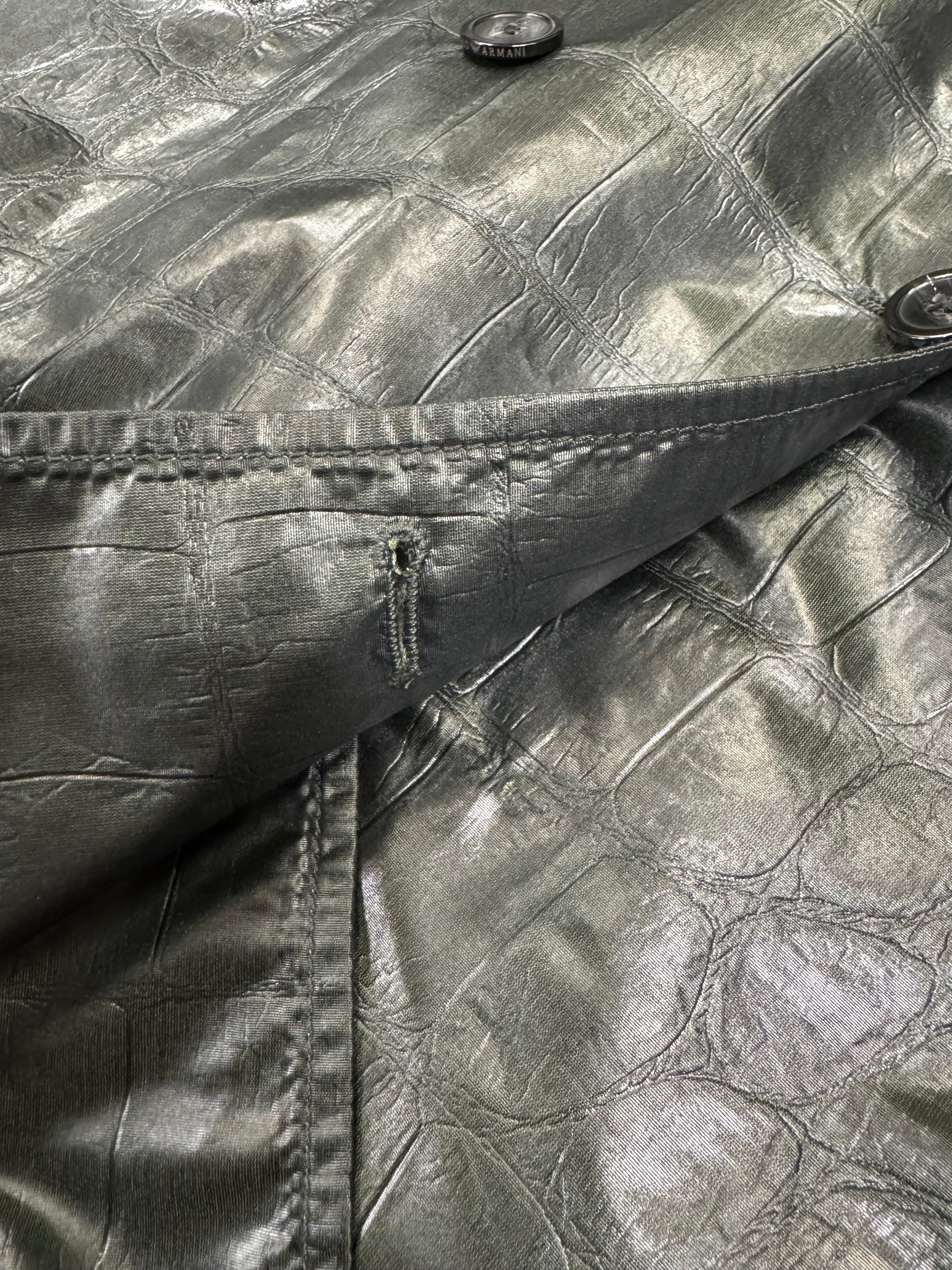 2000s Emporio Armani Shiny Olive Crocodile Effect Light Trench Coat (M)