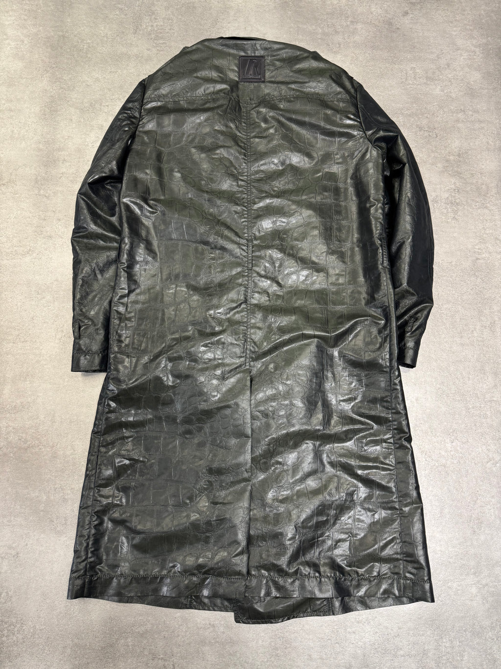 2000s Emporio Armani Shiny Olive Crocodile Effect Light Trench Coat (M)