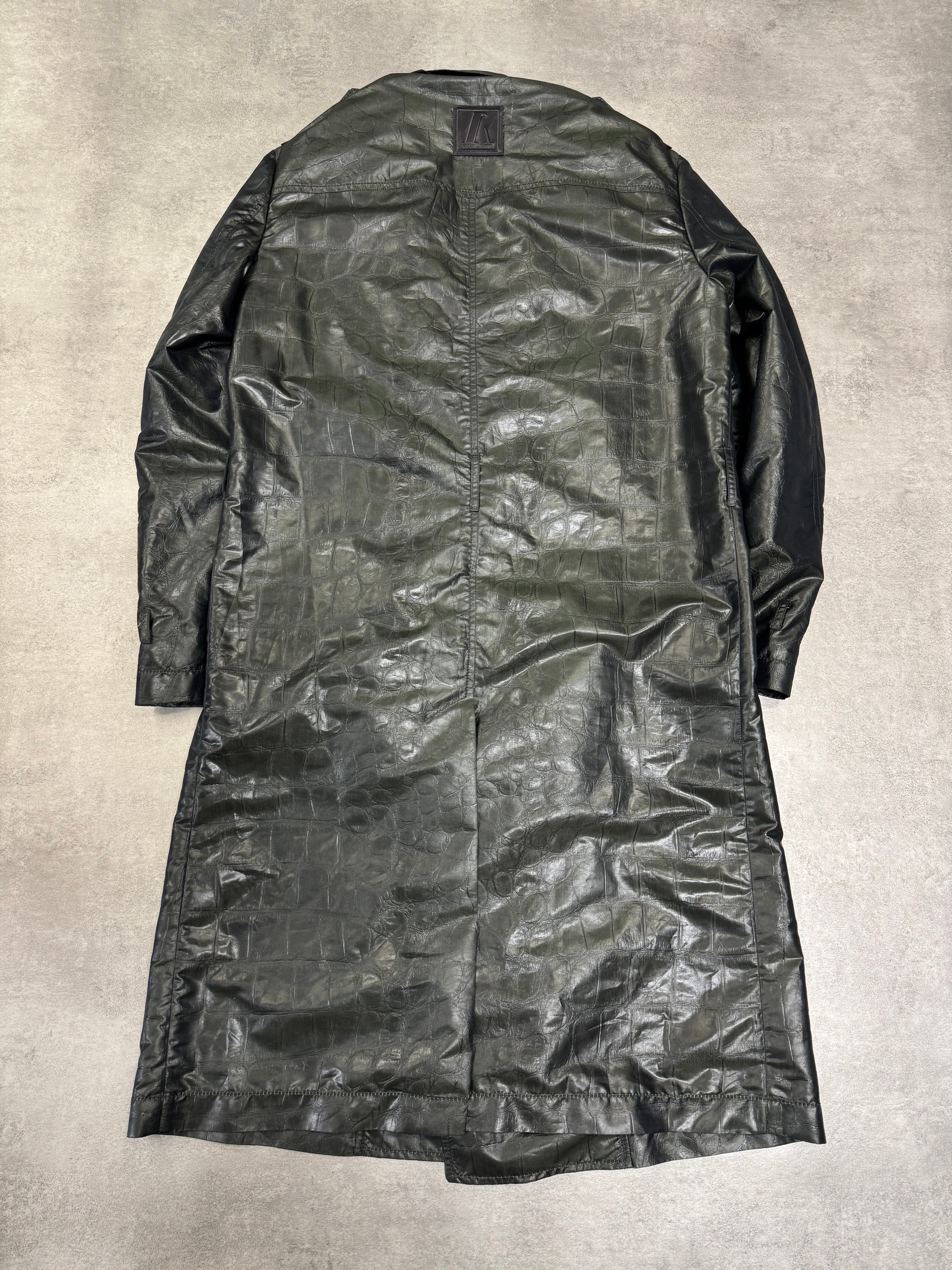 2000s Emporio Armani Shiny Olive Crocodile Effect Light Trench Coat (M)