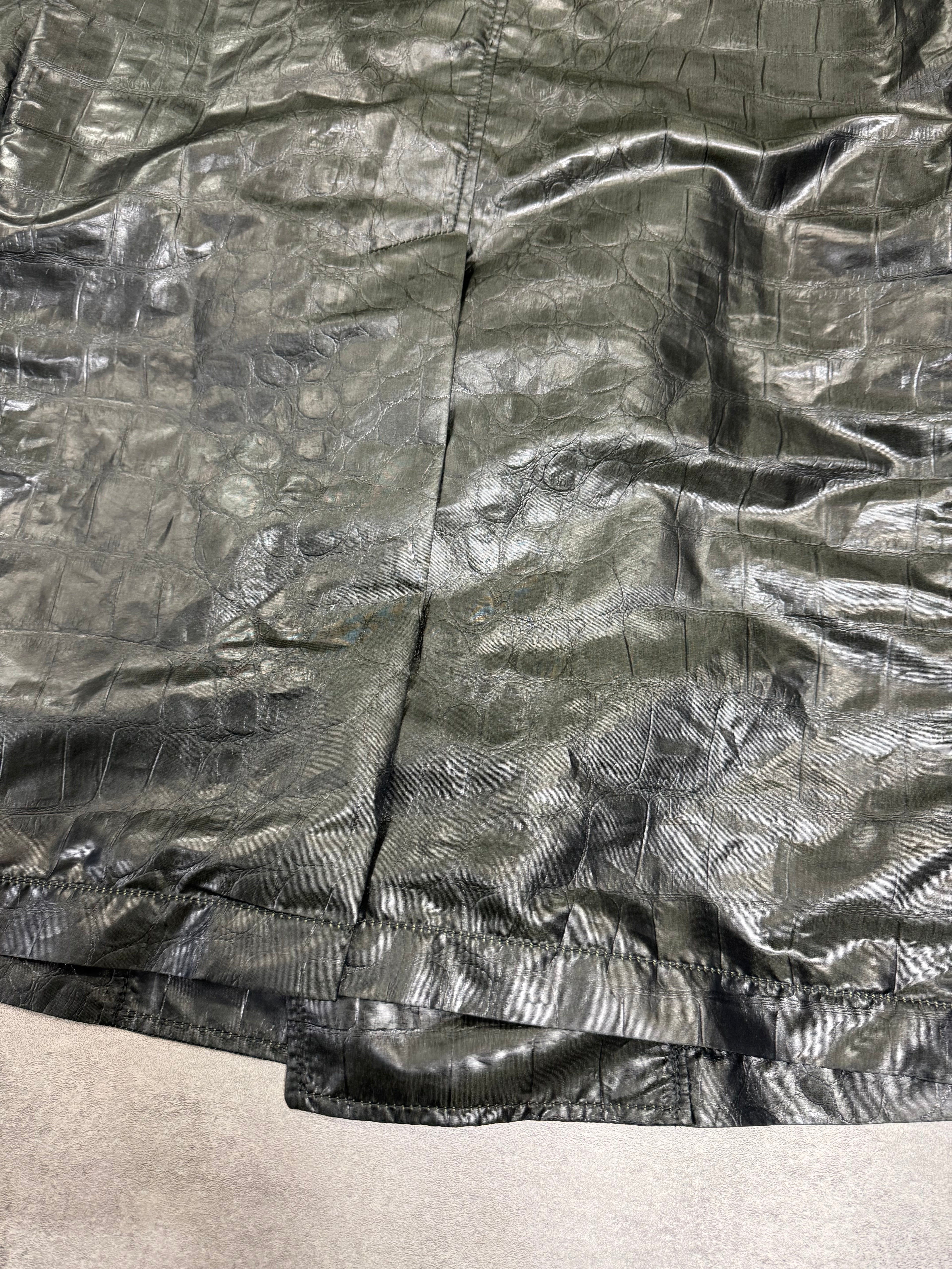 2000s Emporio Armani Shiny Olive Crocodile Effect Light Trench Coat (M)