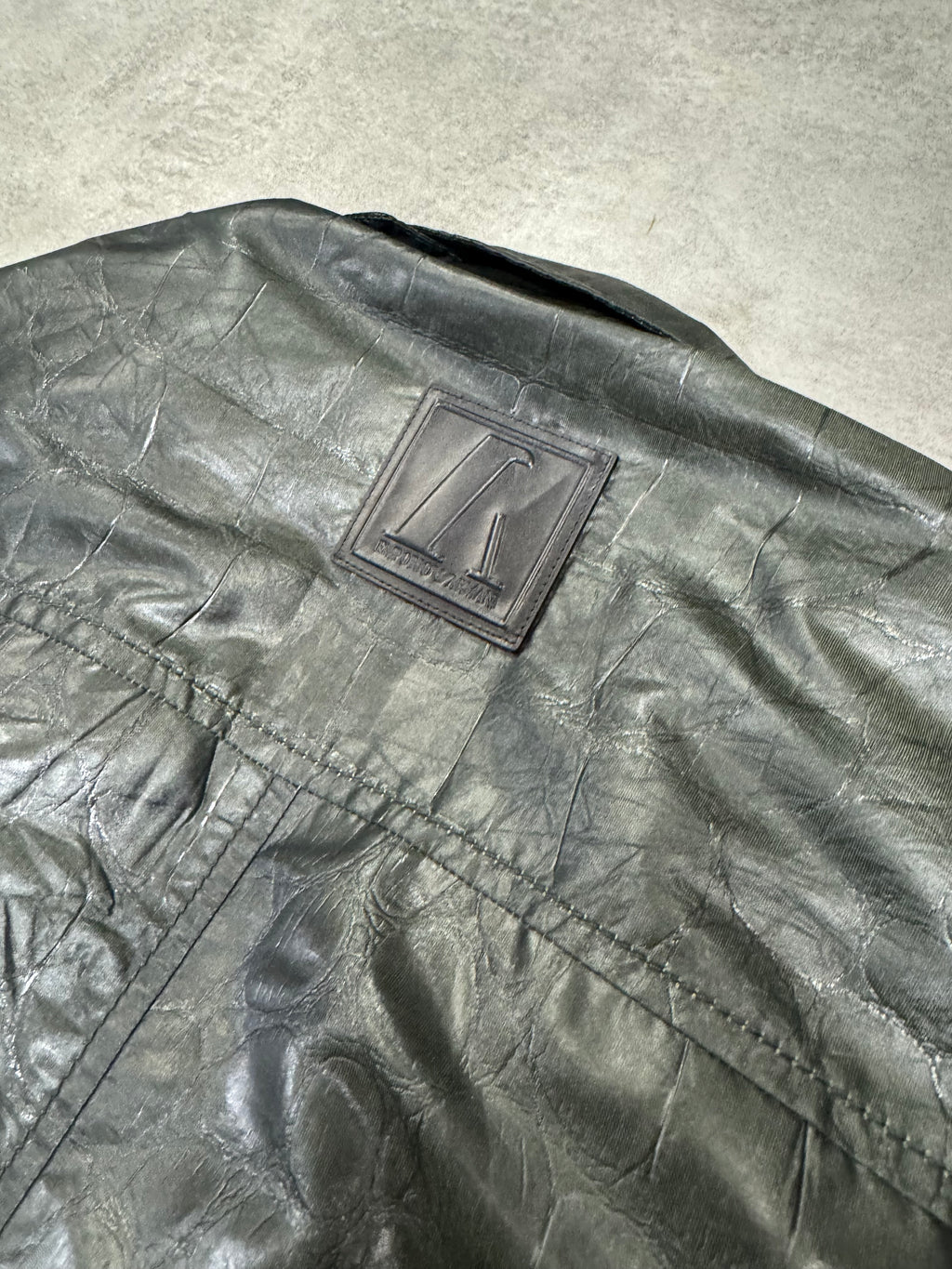 2000s Emporio Armani Shiny Olive Crocodile Effect Light Trench Coat (M)