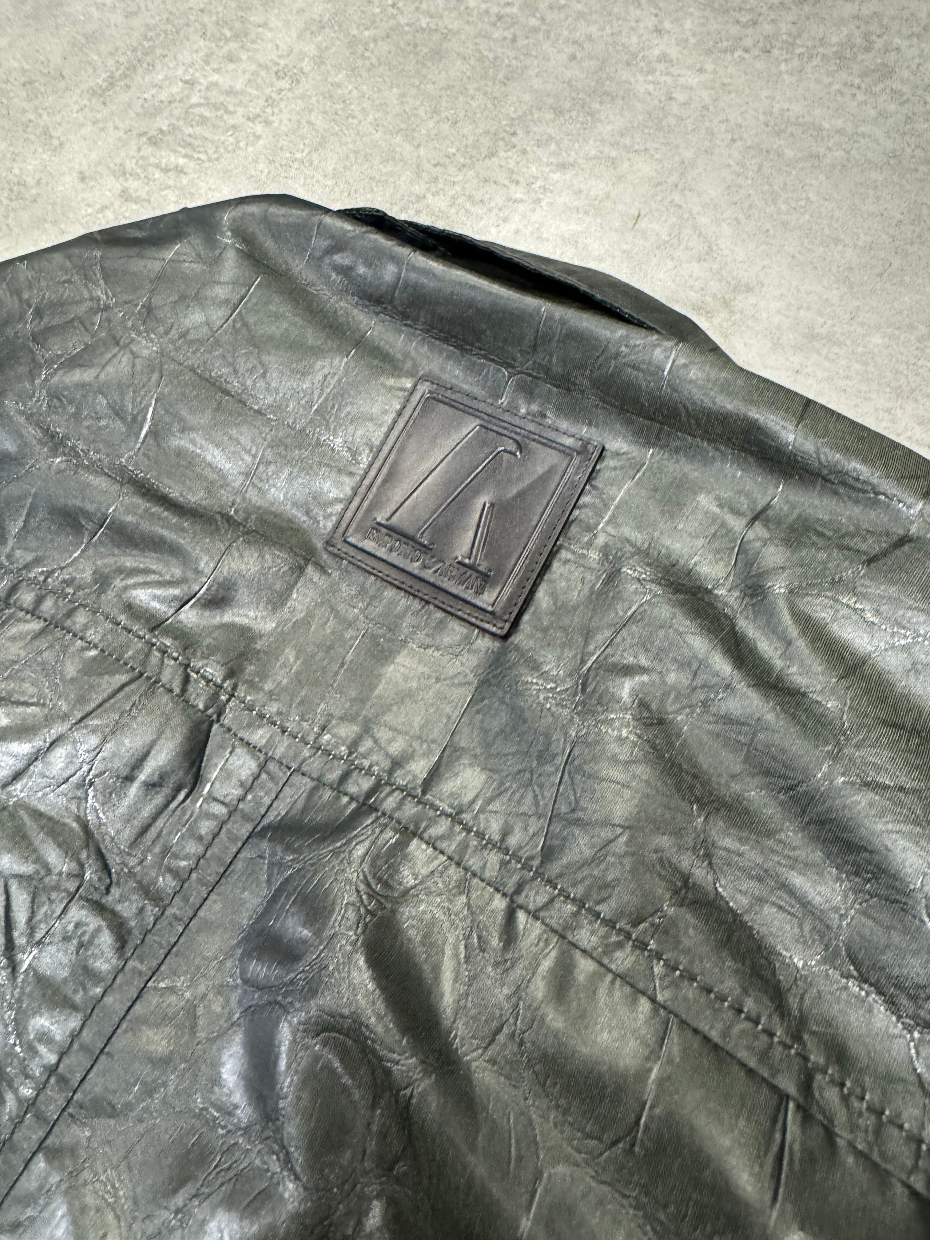 2000s Emporio Armani Shiny Olive Crocodile Effect Light Trench Coat (M)