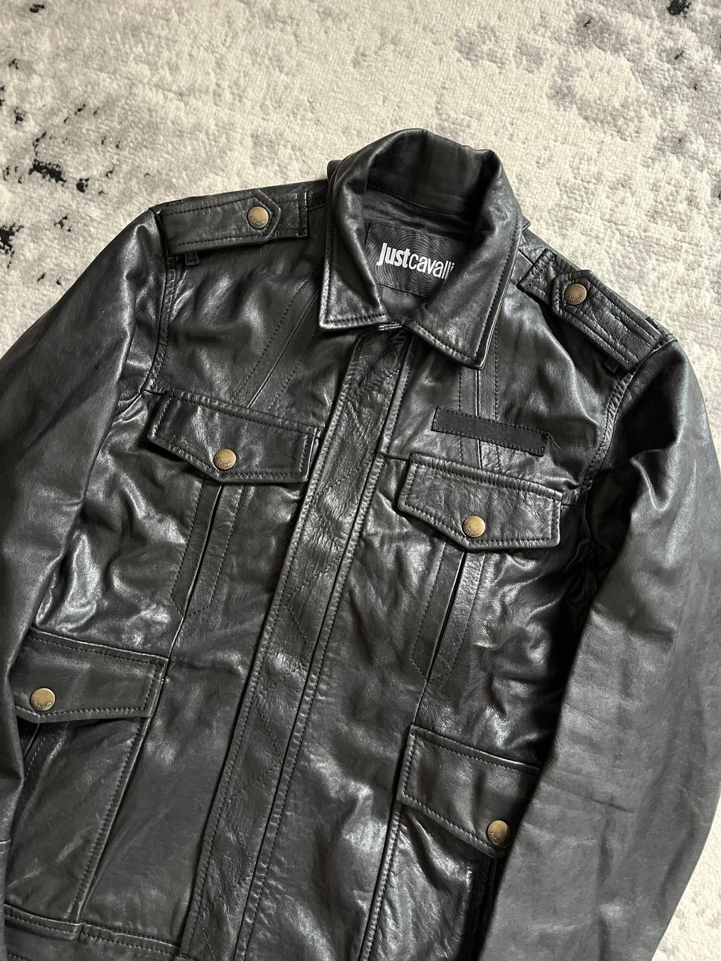 AW2010 Cavalli Structured Black Leather Jacket (M)