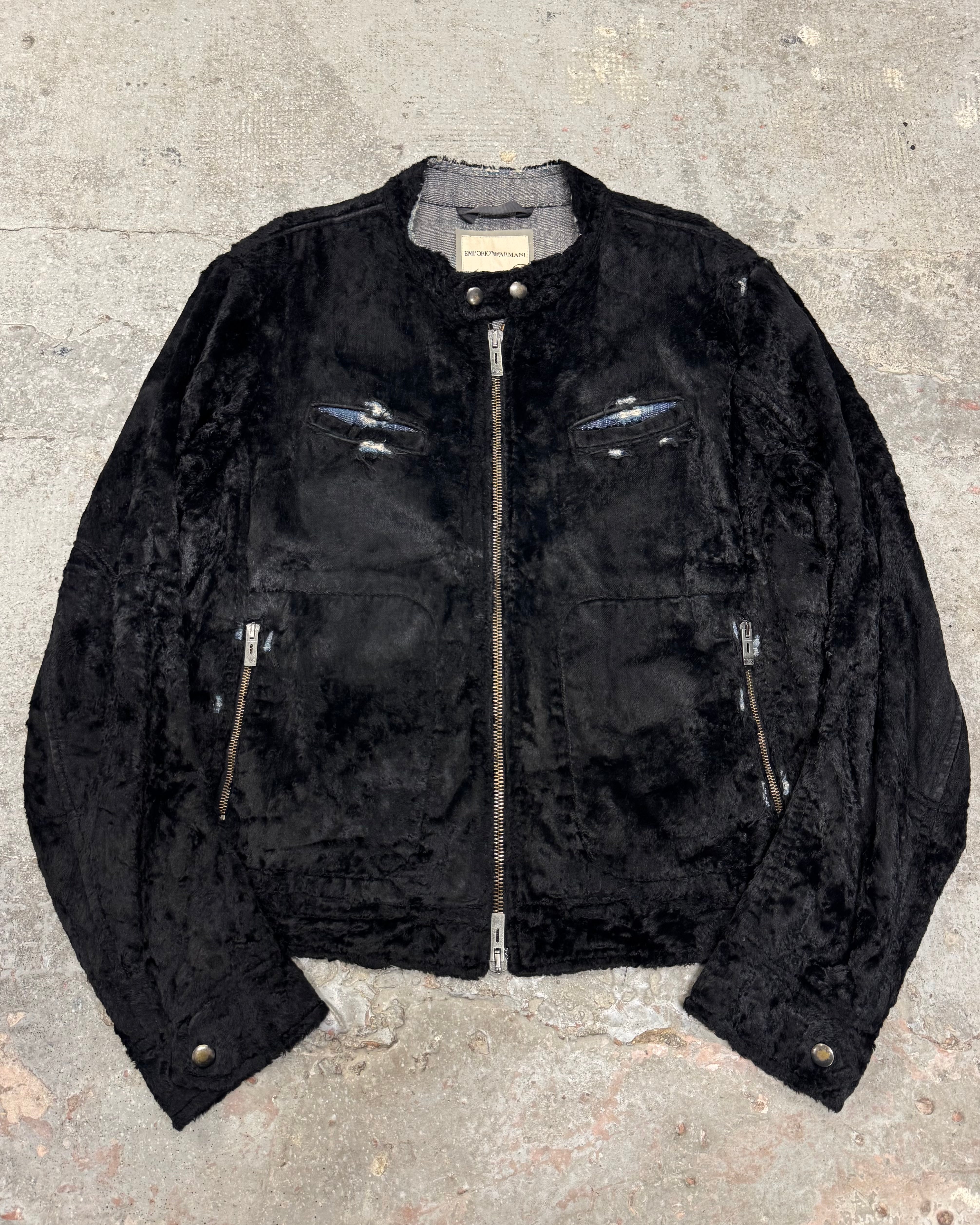 2005年秋冬 エンポリオ アルマーニ　フェイクポニーヘア　ジャケット AW2005 Emporio Armani Black Faux Pony Hair Denim Jacket – Dolce