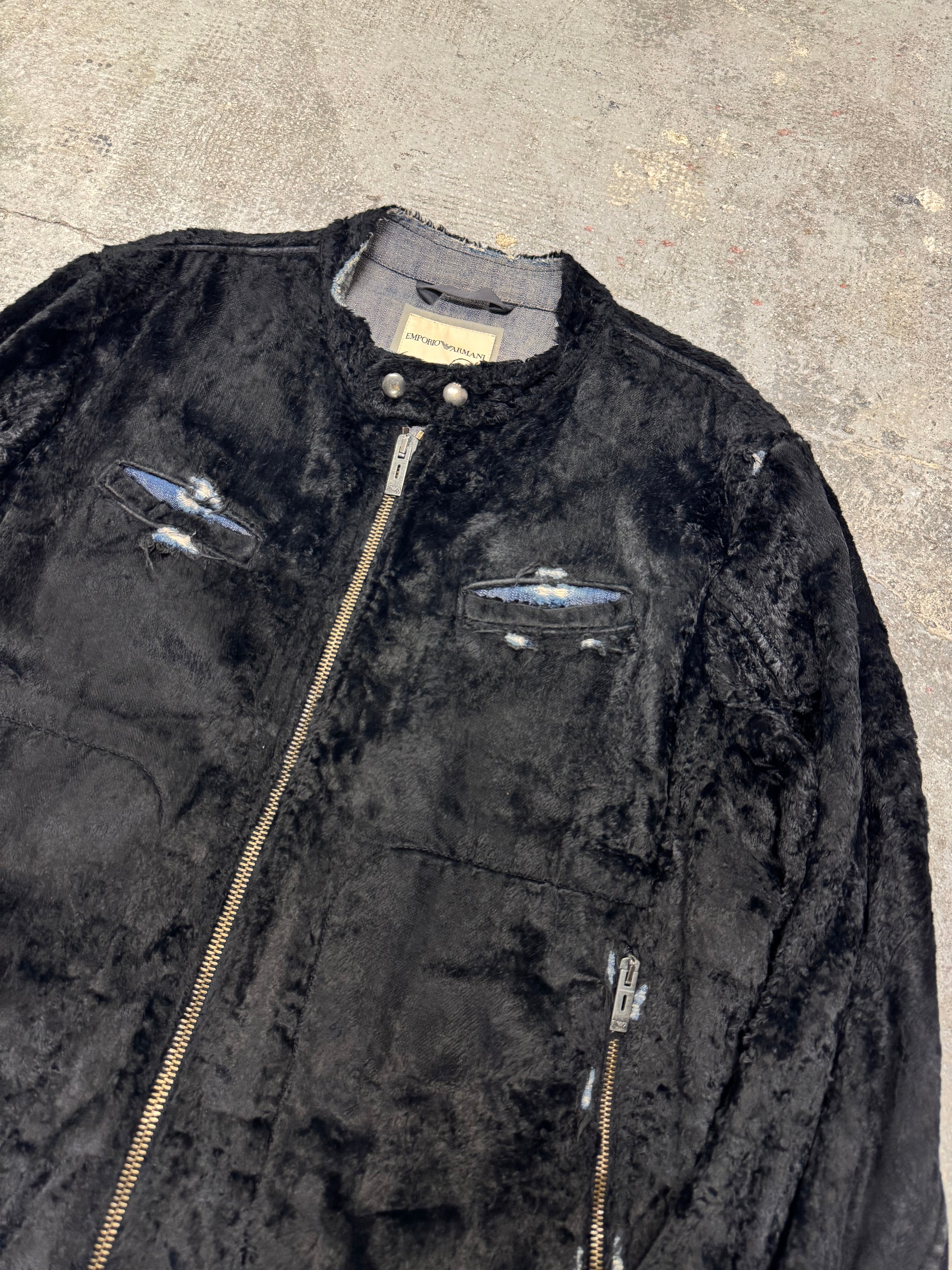 2005年秋冬 エンポリオ アルマーニ　フェイクポニーヘア　ジャケット AW2005 Emporio Armani Black Faux Pony Hair Denim Jacket – Dolce