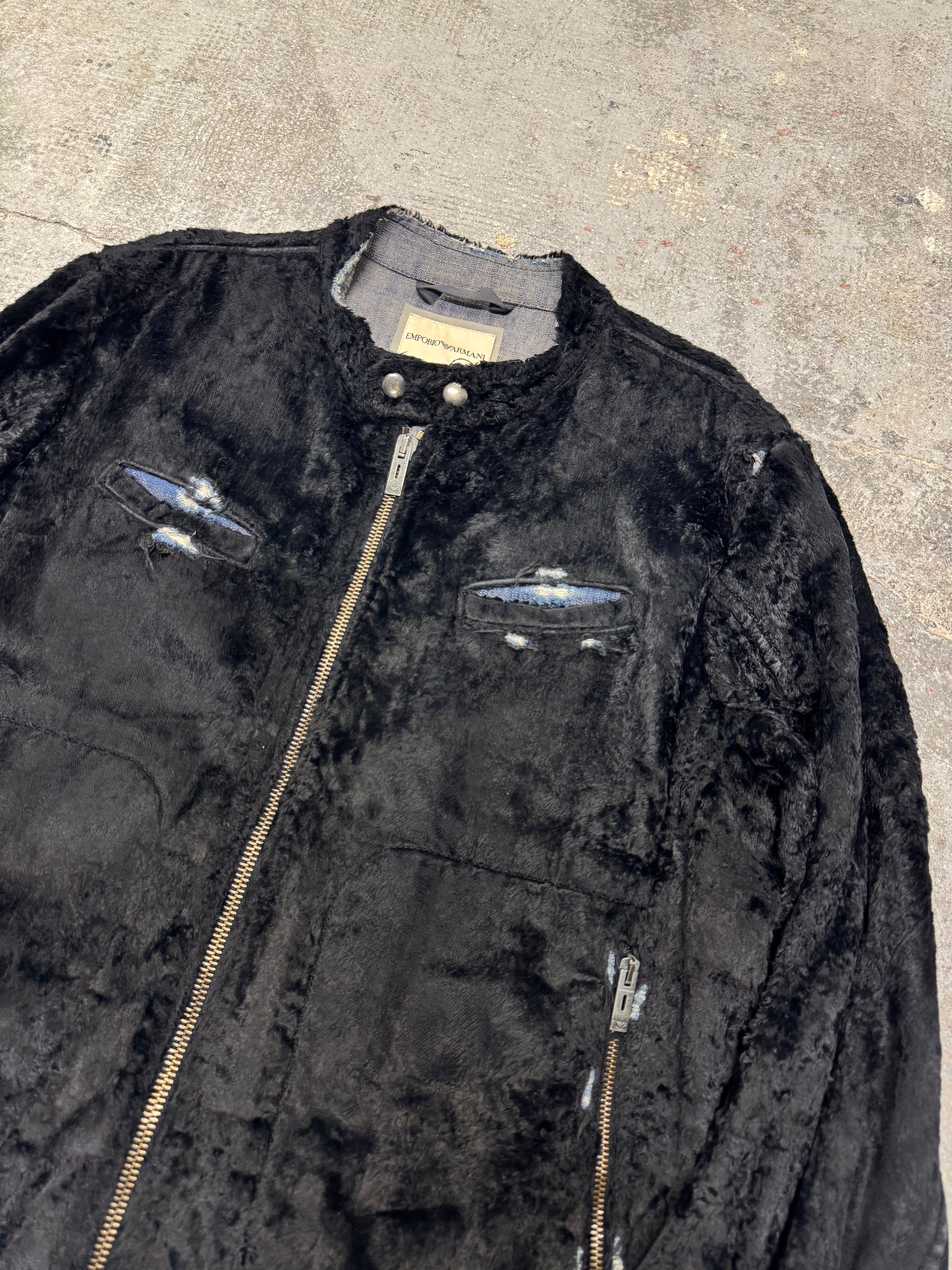 1990s Emporio Armani Black Faux Pony Hair Denim Jacket (L)