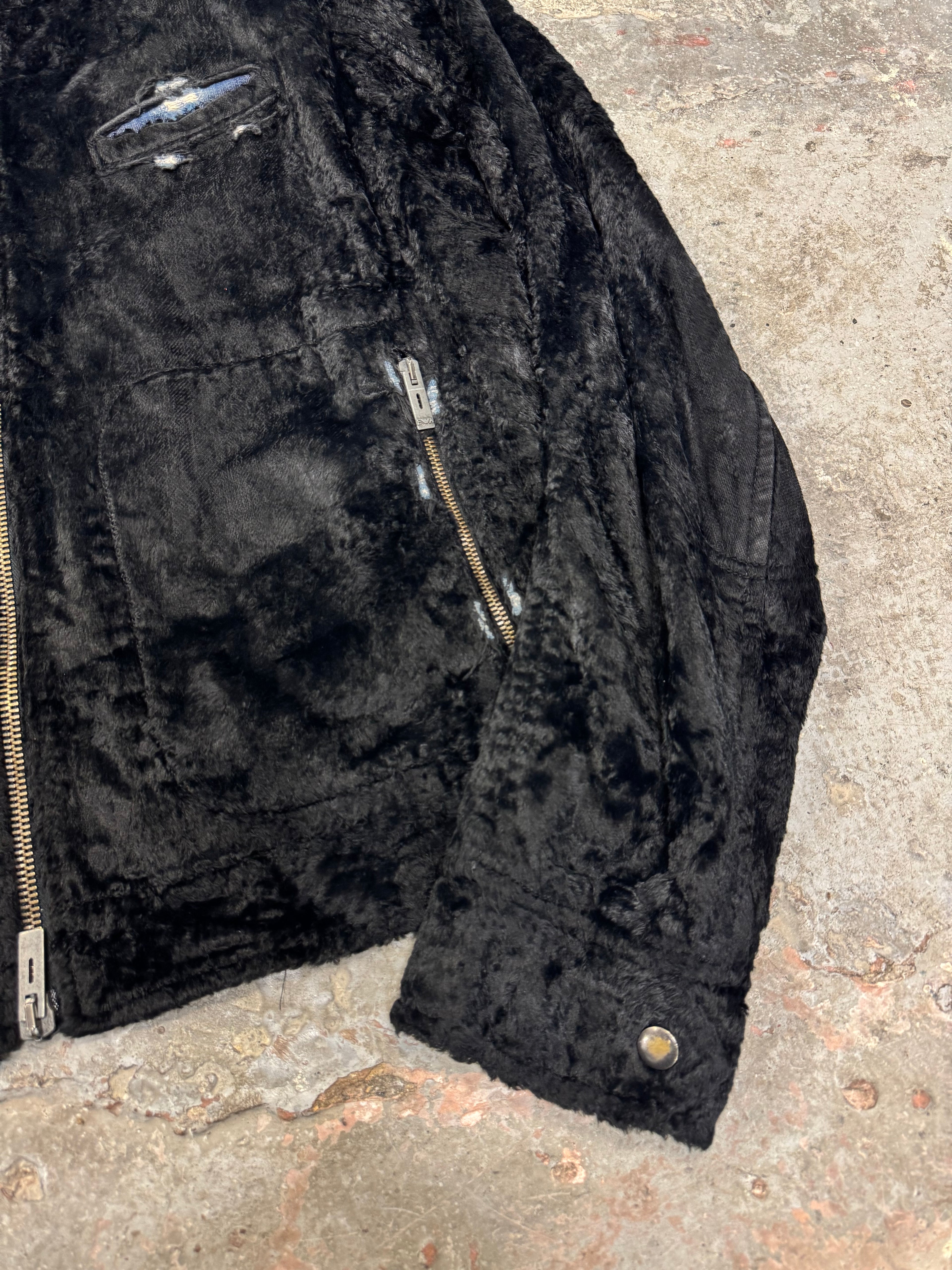 1990s Emporio Armani Black Faux Pony Hair Denim Jacket (L)