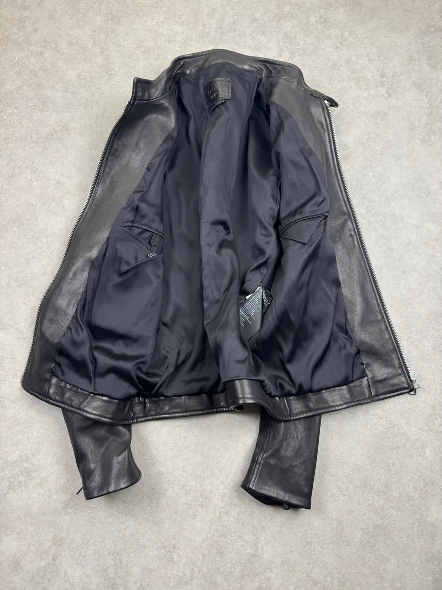 AW2014 Prada Black Quilted Biker Leather Jacket bbotgXbS 5
