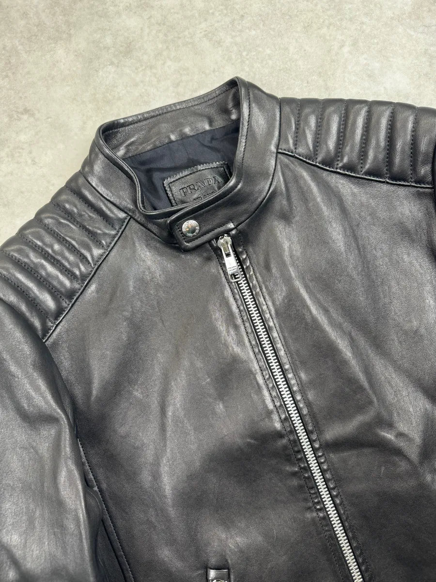 AW2014 Prada Black Quilted Biker Leather Jacket bbotgXbS 10